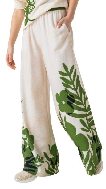 PANTALON LARGE FLUIDE IMPRIME FLEUR ECRU VERT POUR FEMME CAROLINE BISS 3580