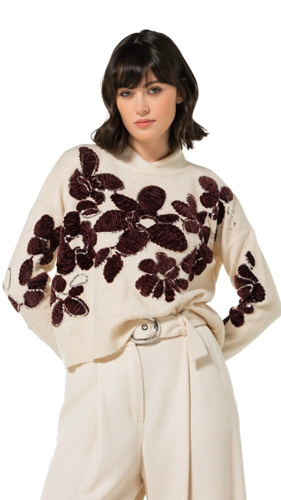 PULL EN VELOURS AVEC BRODERIES FLEURS ET STRASS ECRU MARRON CAROLINE BISS 4283