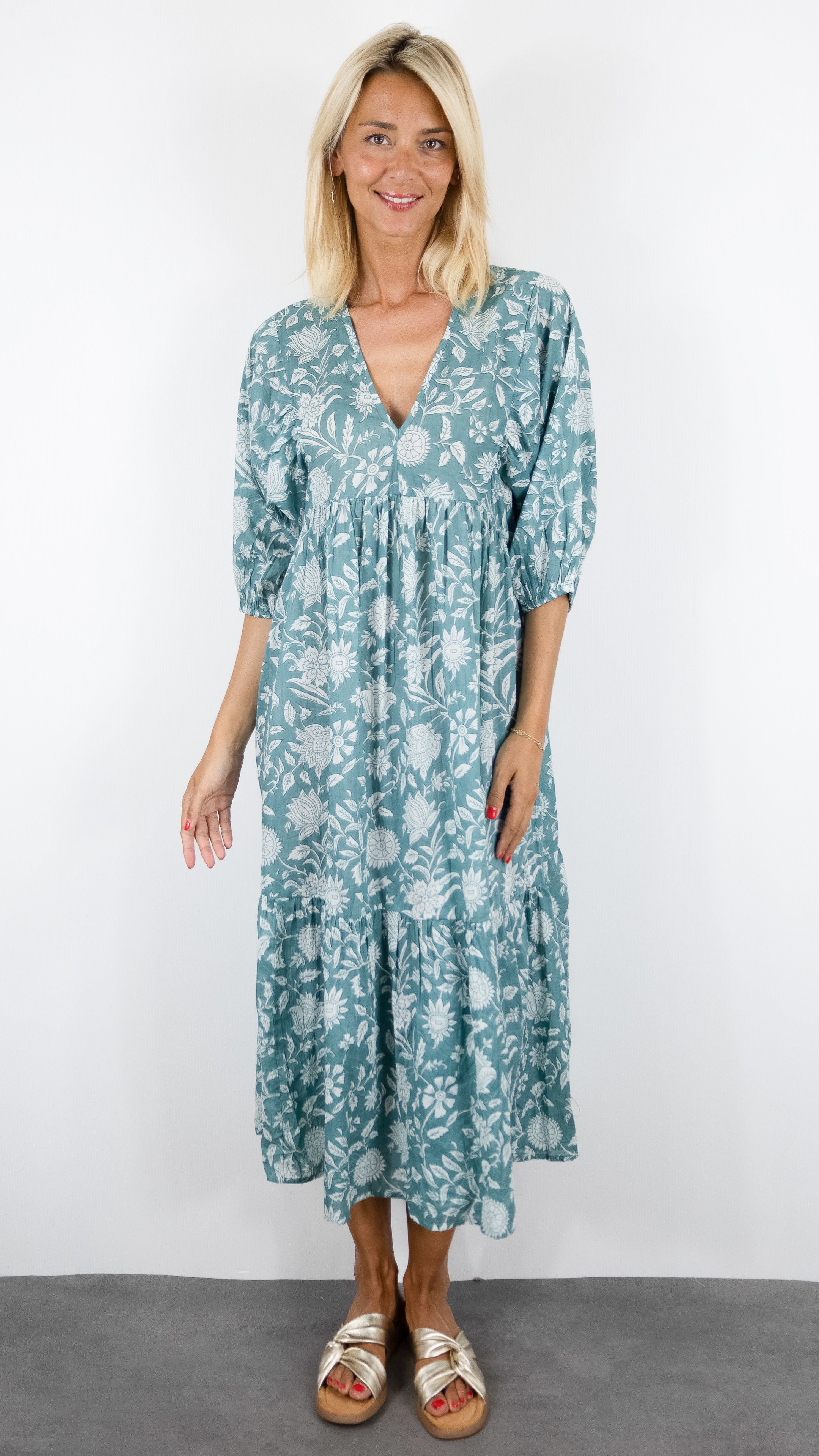 ROBE LONGUE IMPRIME FLEURI COLORES 4298.98#COLOR_TEAL/CELADON FLEURI