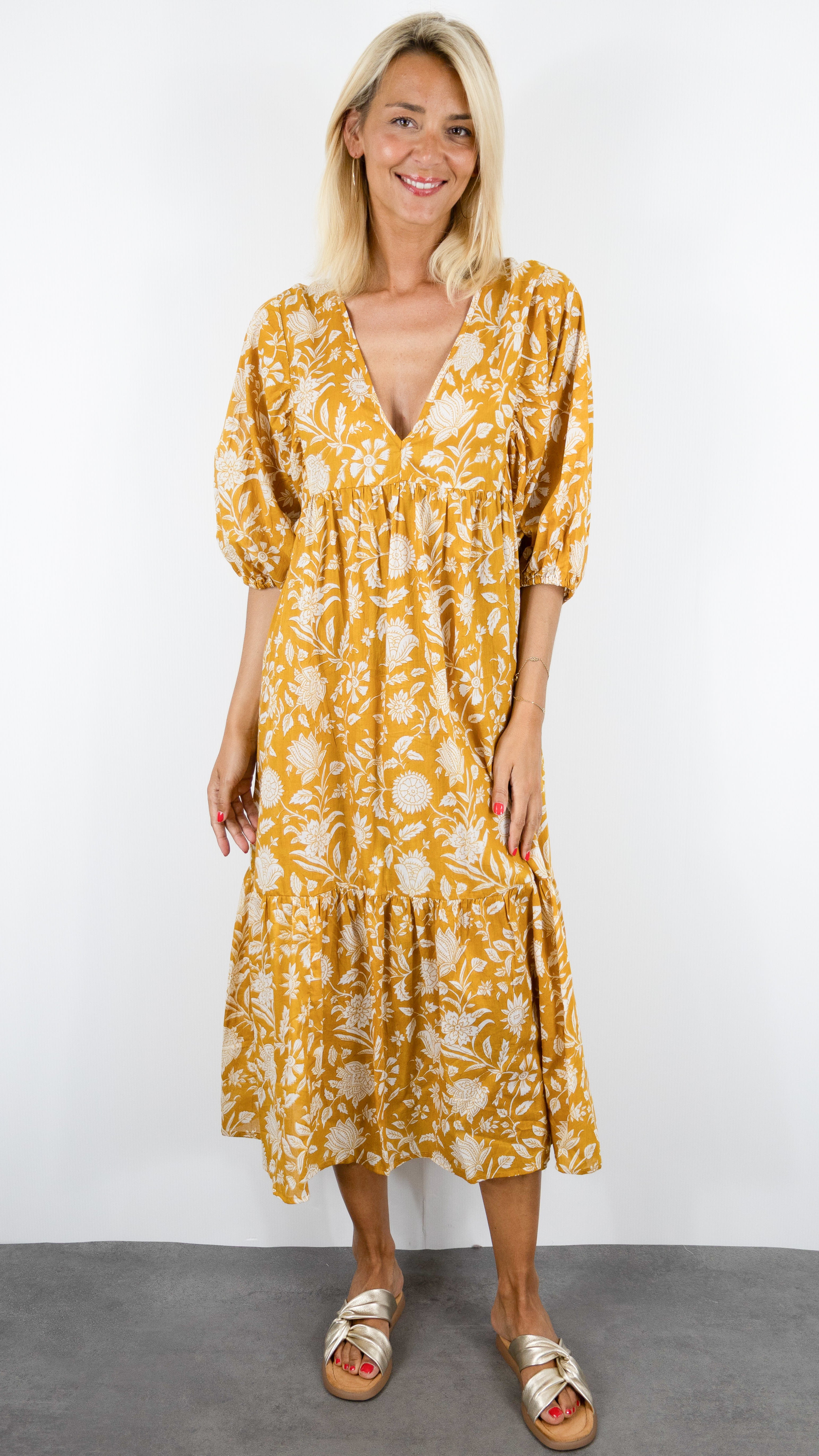 ROBE LONGUE IMPRIME FLEURI COLORES 4298.98#COLOR_YELLOW/SAFRAN