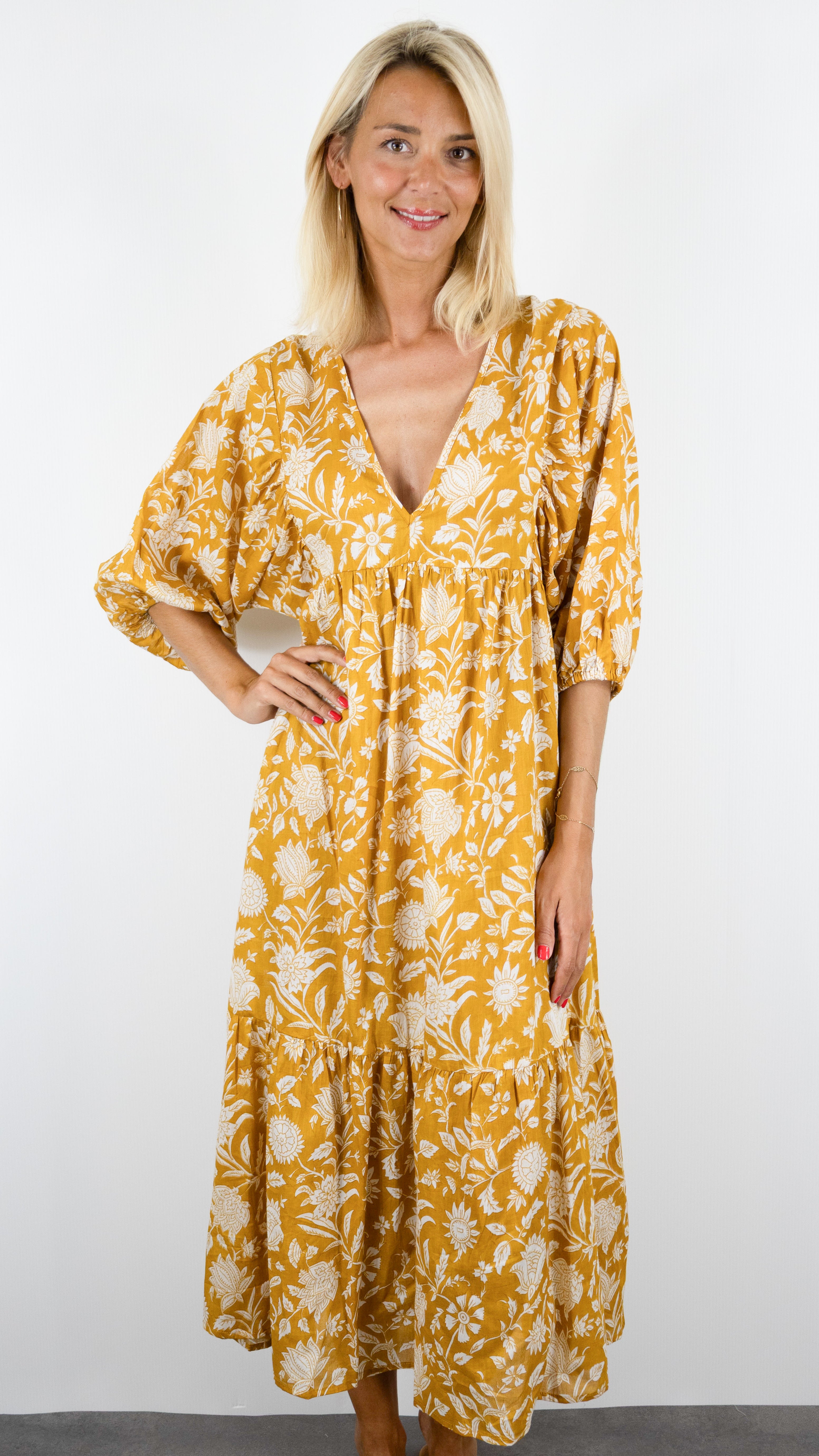 ROBE LONGUE IMPRIME FLEURI COLORES 4298.98#COLOR_YELLOW/SAFRAN
