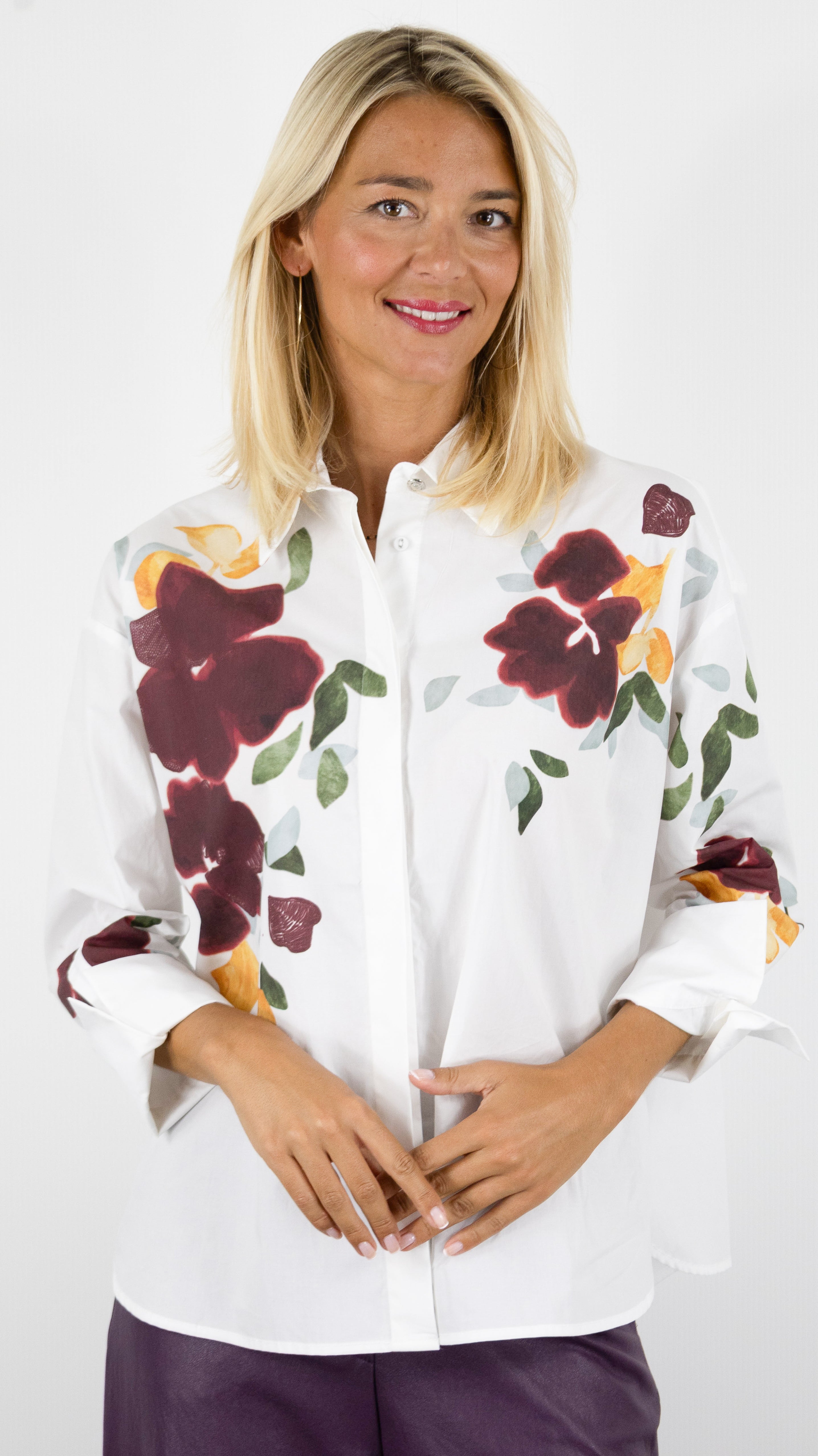 CHEMISE AMPLE EN COTON AVEC MOTIF FLEURI PRUNE ET BLANC POUR FEMME CAROLINE BISS 4674