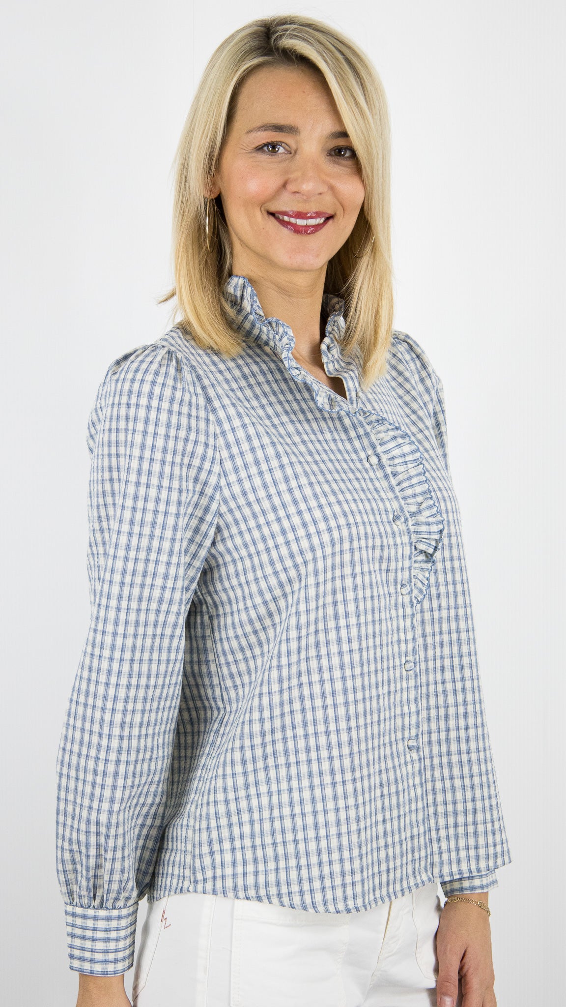 BLOUSE A CARREAUX BLEU ECRU EN COTON POUR FEMME YCOO 4787B