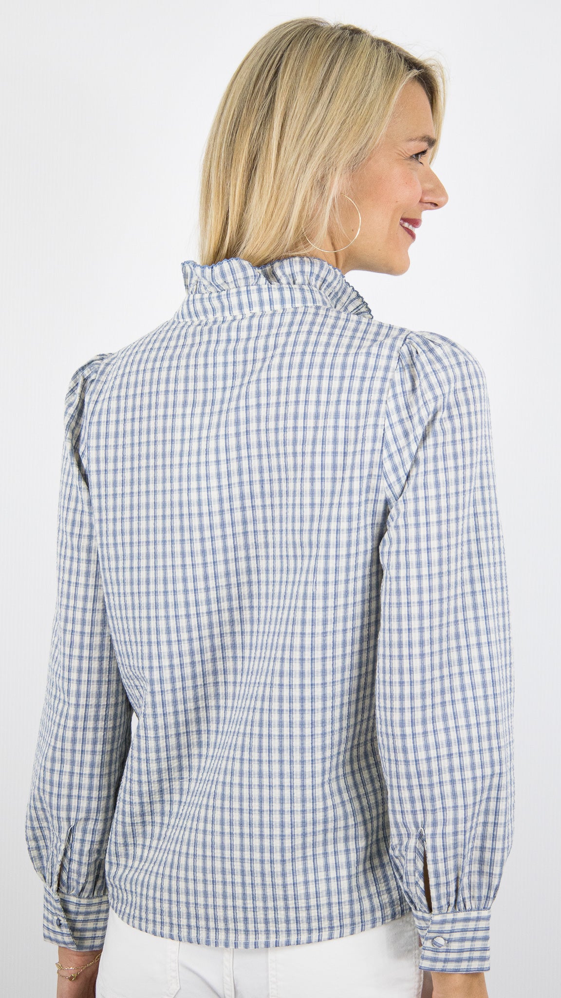 BLOUSE A CARREAUX BLEU ECRU EN COTON POUR FEMME YCOO 4787B