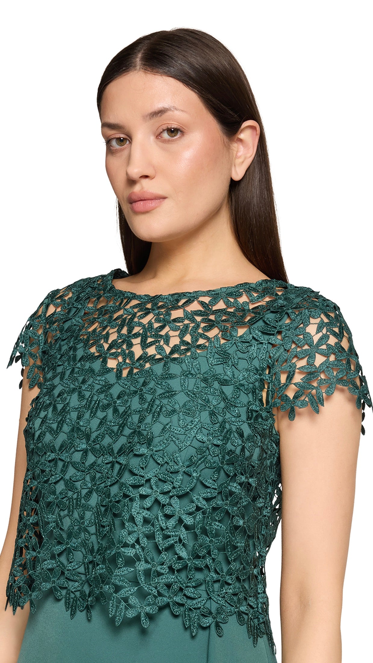 ROBE ET BOLERO DE CEREMONIE EN DENTELLE VERT EMERAUDE VERA MONT 5158/4031