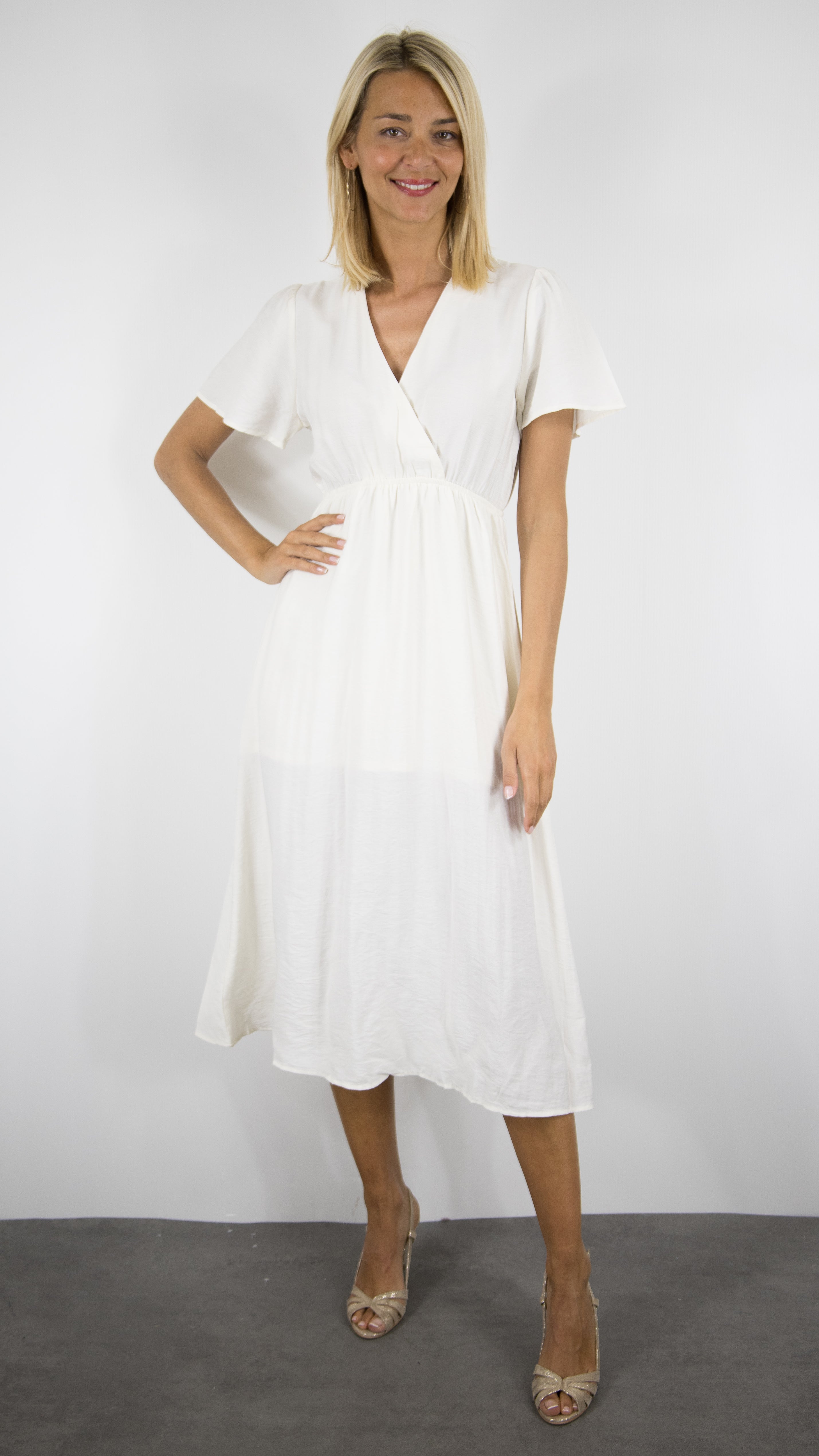 ROBE MIDI D'ETE COL V FLUIDE ECRUE LILI ET LALA 5192