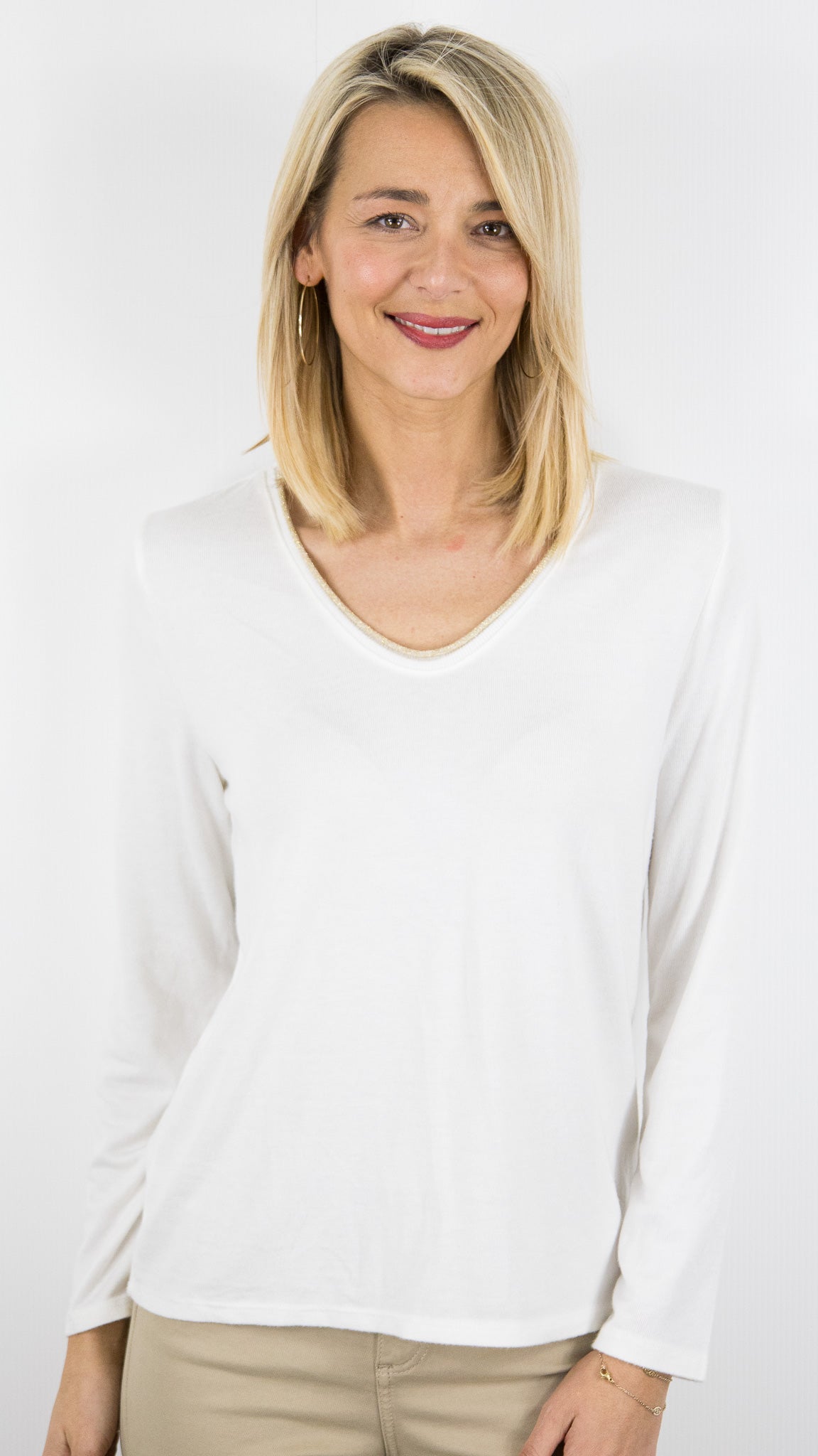 TEE-SHIRT FEMME BASIQUE COL V LUREX BLANC ANDROMEDE 5611