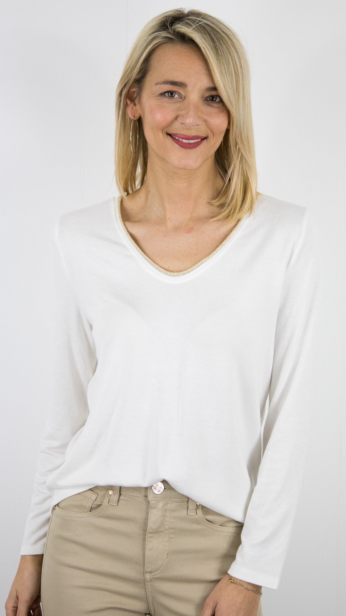 TEE-SHIRT FEMME BASIQUE COL V LUREX BLANC ANDROMEDE 5611