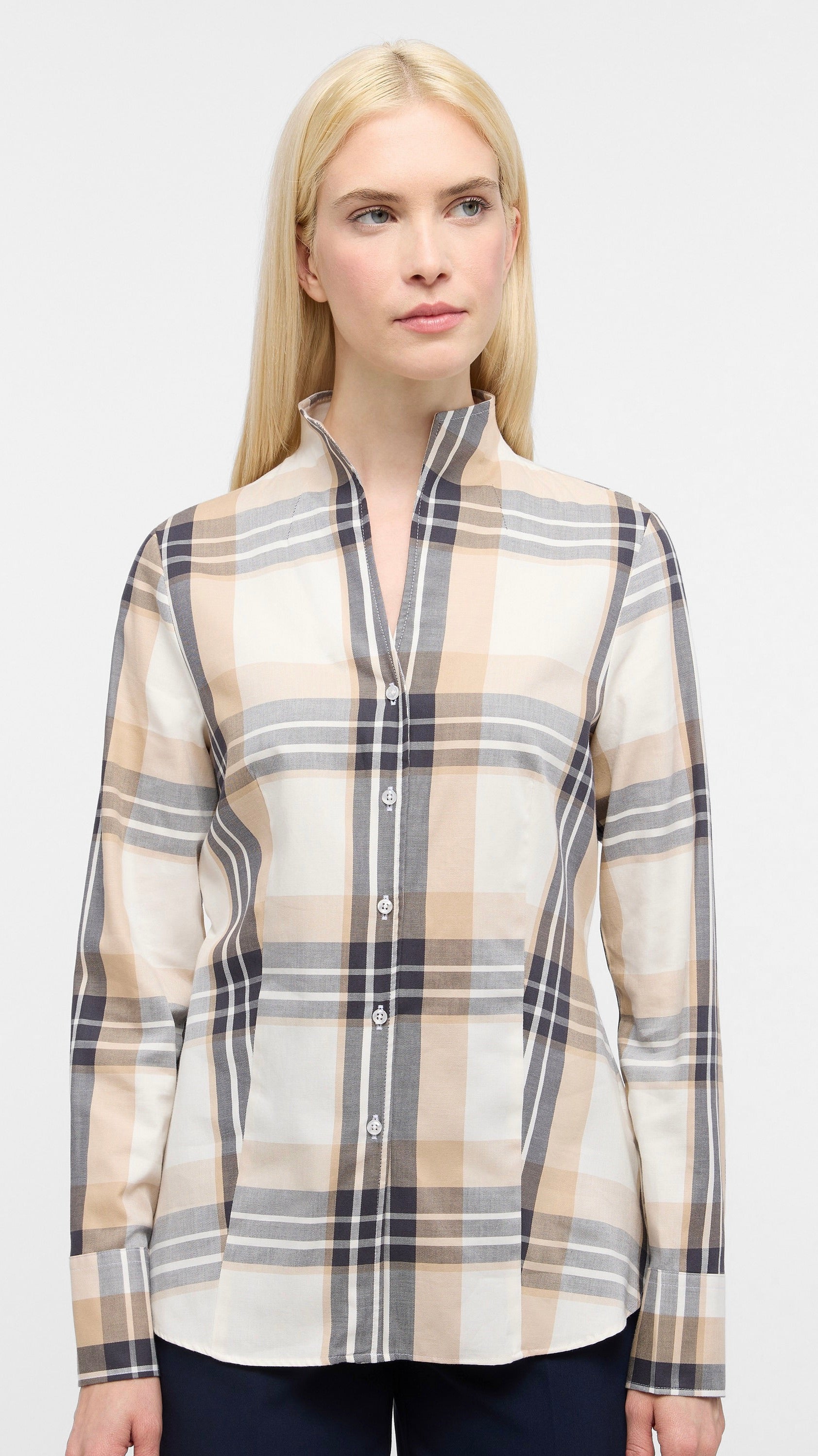 CHEMISE ECOSSAISE BEIGE GRIS FEMME ETERNA 6126 D266