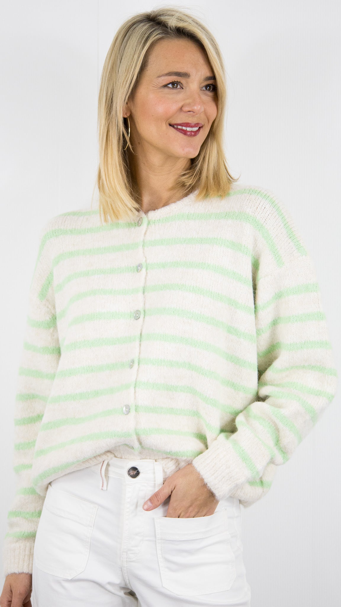 GILET RAYE BEIGE VERT FEMME LILI ET LALA 65183