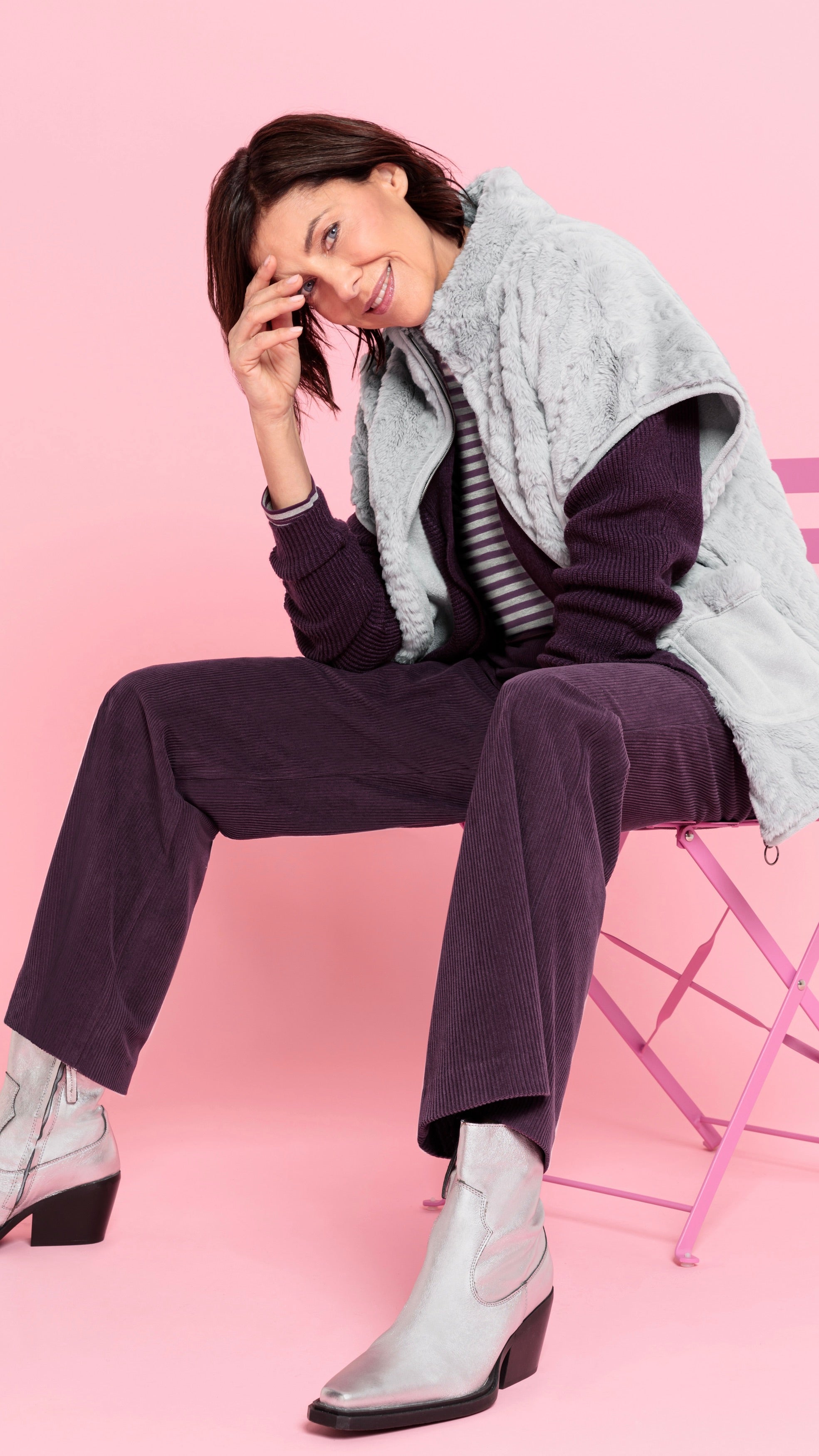 GILET SANS MANCHES FAUSSE FOURRURE TORSADE GRIS BIANCA CARINA 69026