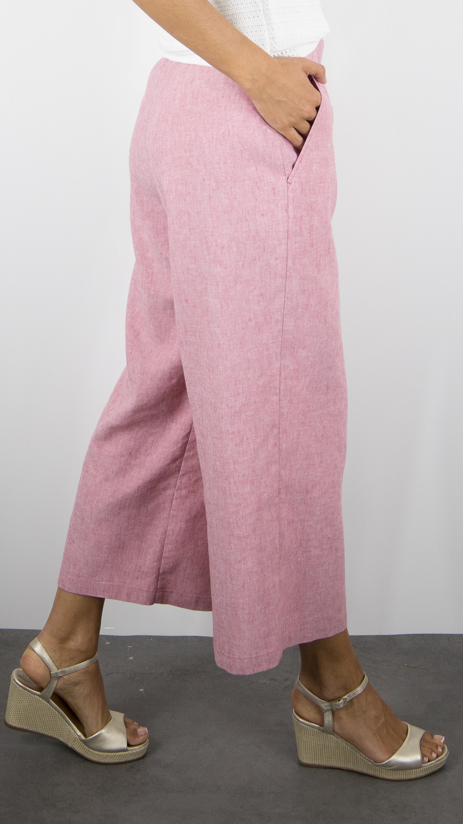 PANTALON 7/8 TAILLE ELASTIQUE EN LIN ROSE BIANCA 70153