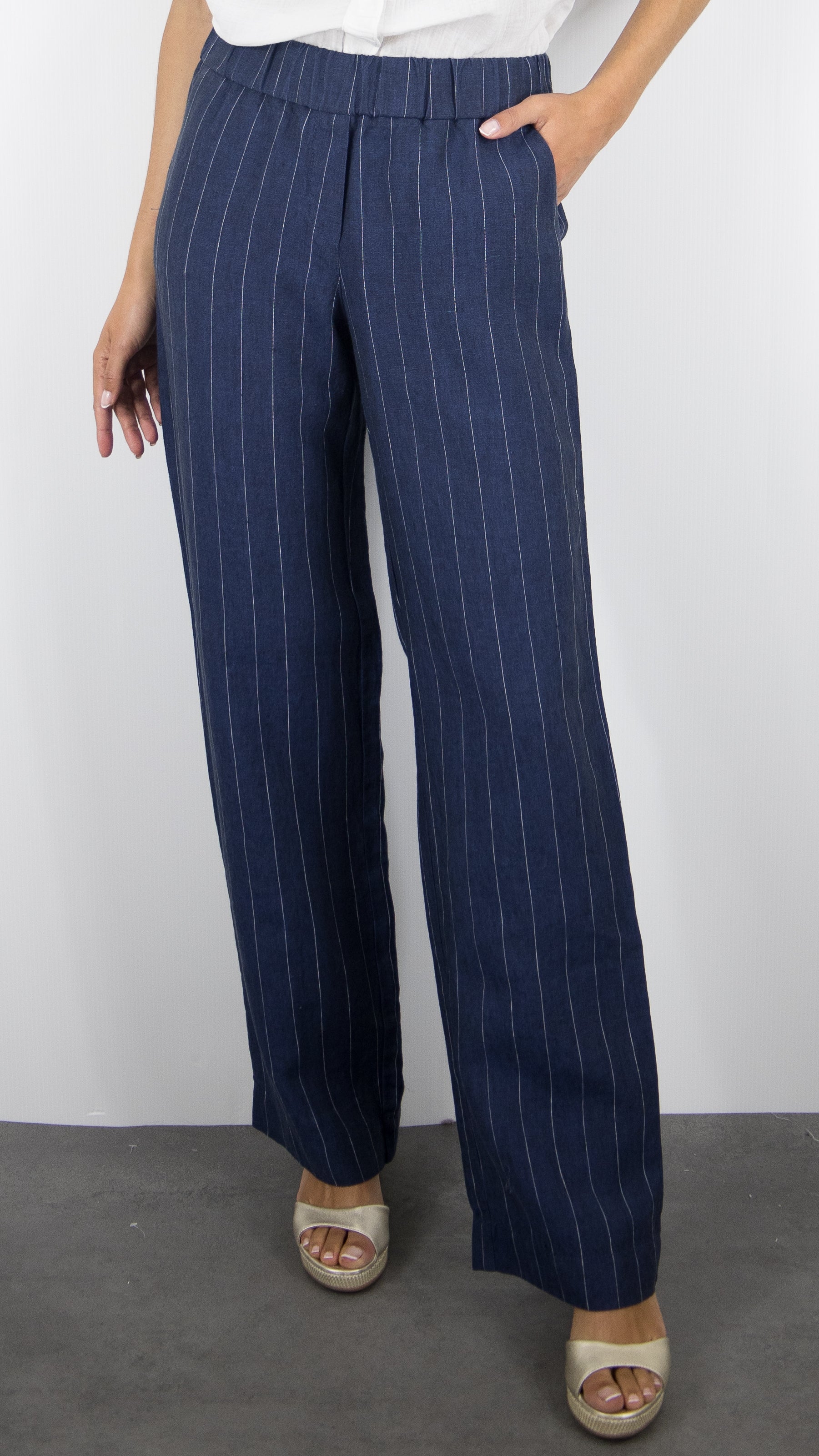 PANTALON RAYE MARRON EN LIN POUR FEMME TONI 73-12/1818-4#COLOR_58/NAVY