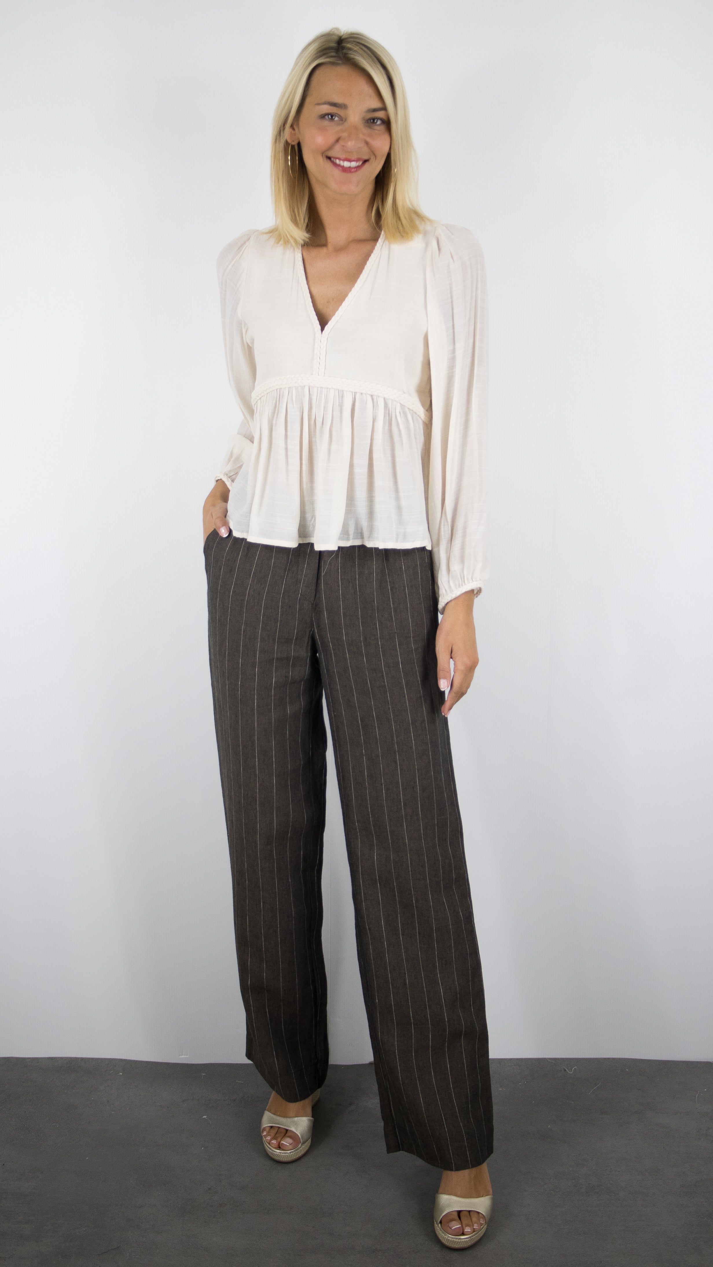 PANTALON RAYE MARRON EN LIN POUR FEMME TONI 73-12/1818-4#COLOR_781/WOOD CHOCO