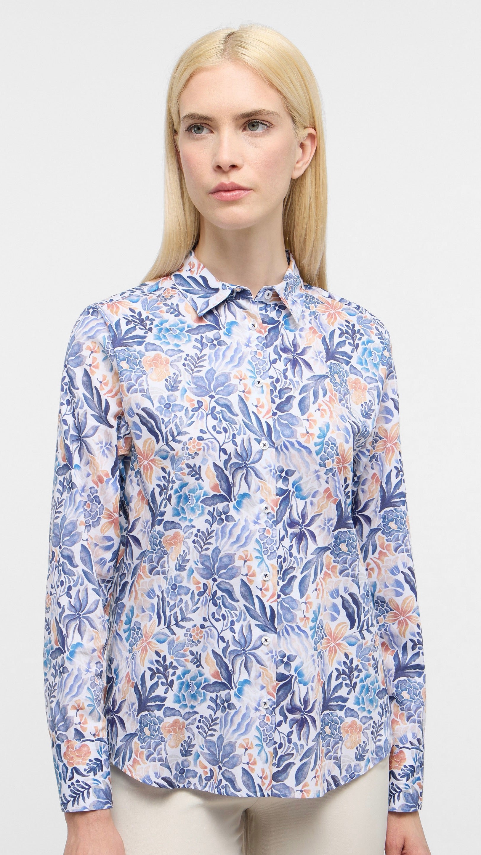 CHEMISE FLEURIE EN COTON FEMME ETERNA 7758 D352#COLOR_15/CIEL/BEIGE