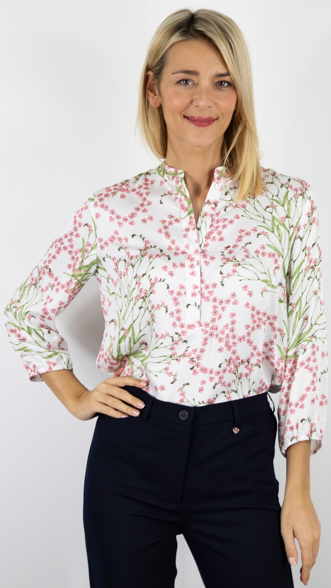 BLOUSE IMPRIMEE FLEURIE TONI 78-85/1454-9#COLOR_421/IMP ROSE VERT