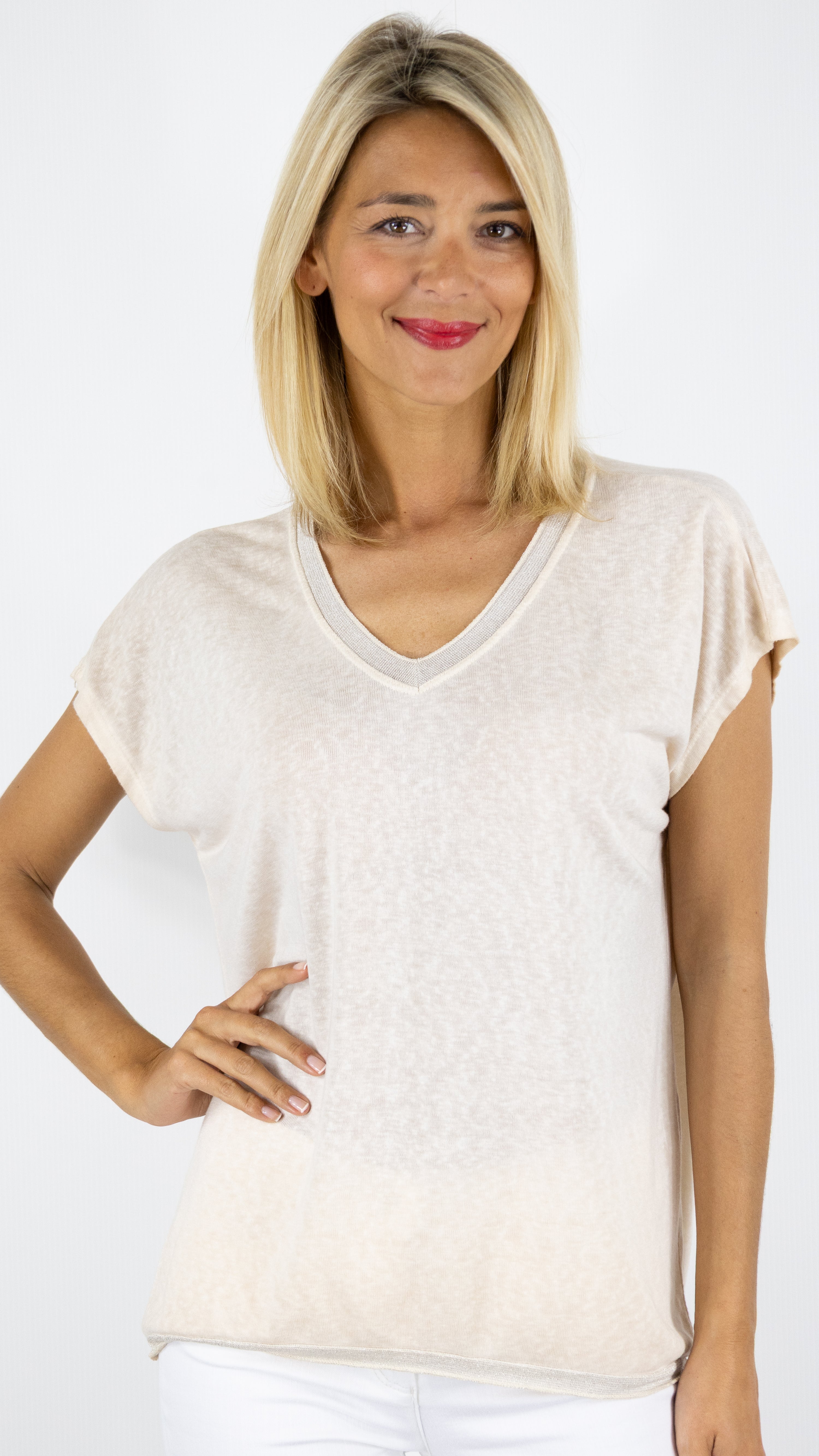 TEE-SHIRT COL V MANCHES COURTES ENCOLURE LUREX ANDROMEDE 810761#COLOR_BEIGE