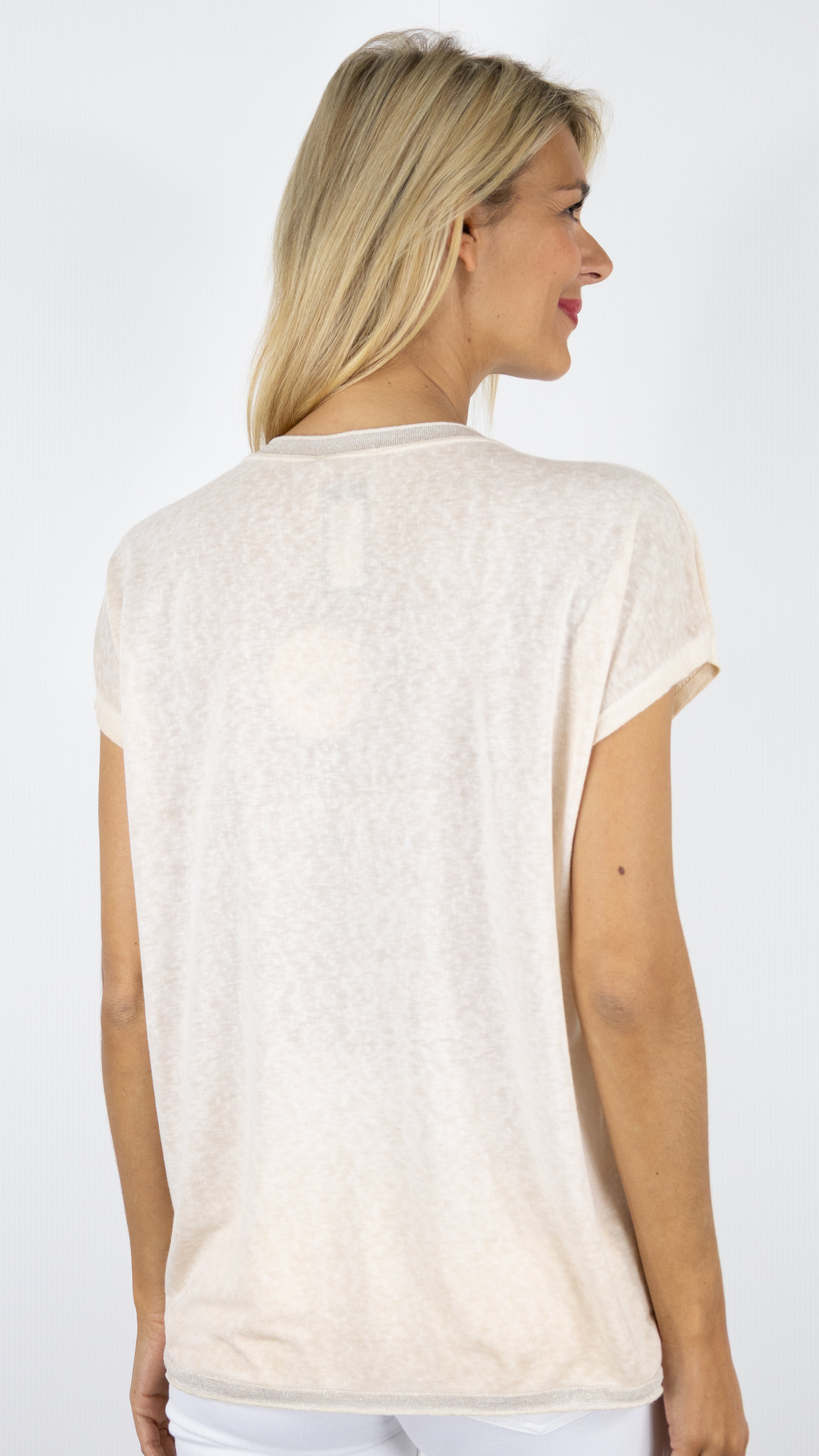 TEE-SHIRT COL V MANCHES COURTES ENCOLURE LUREX ANDROMEDE 810761#COLOR_BEIGE