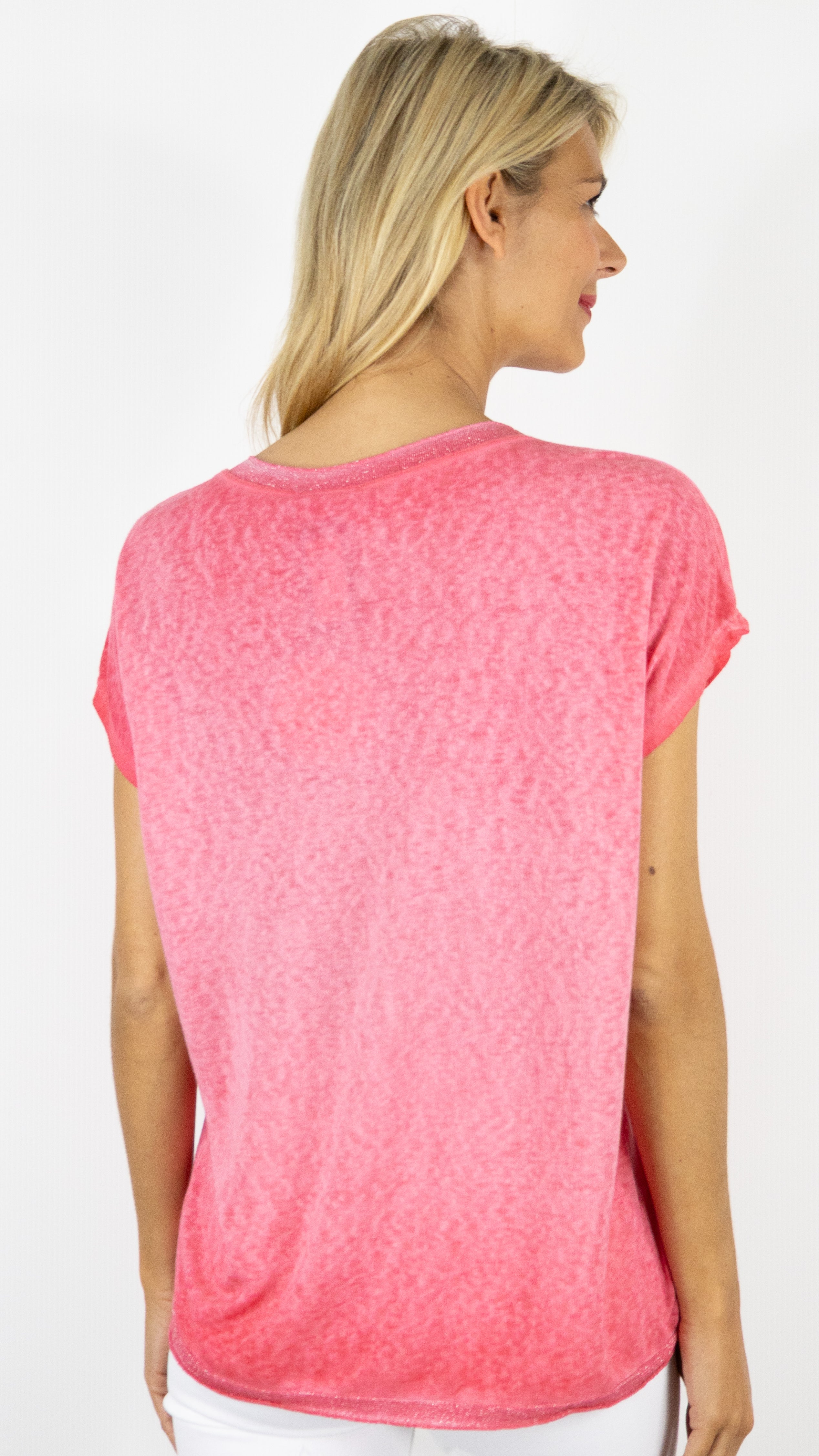 TEE-SHIRT COL V MANCHES COURTES ENCOLURE LUREX ANDROMEDE 810761#COLOR_FRAMBOISE