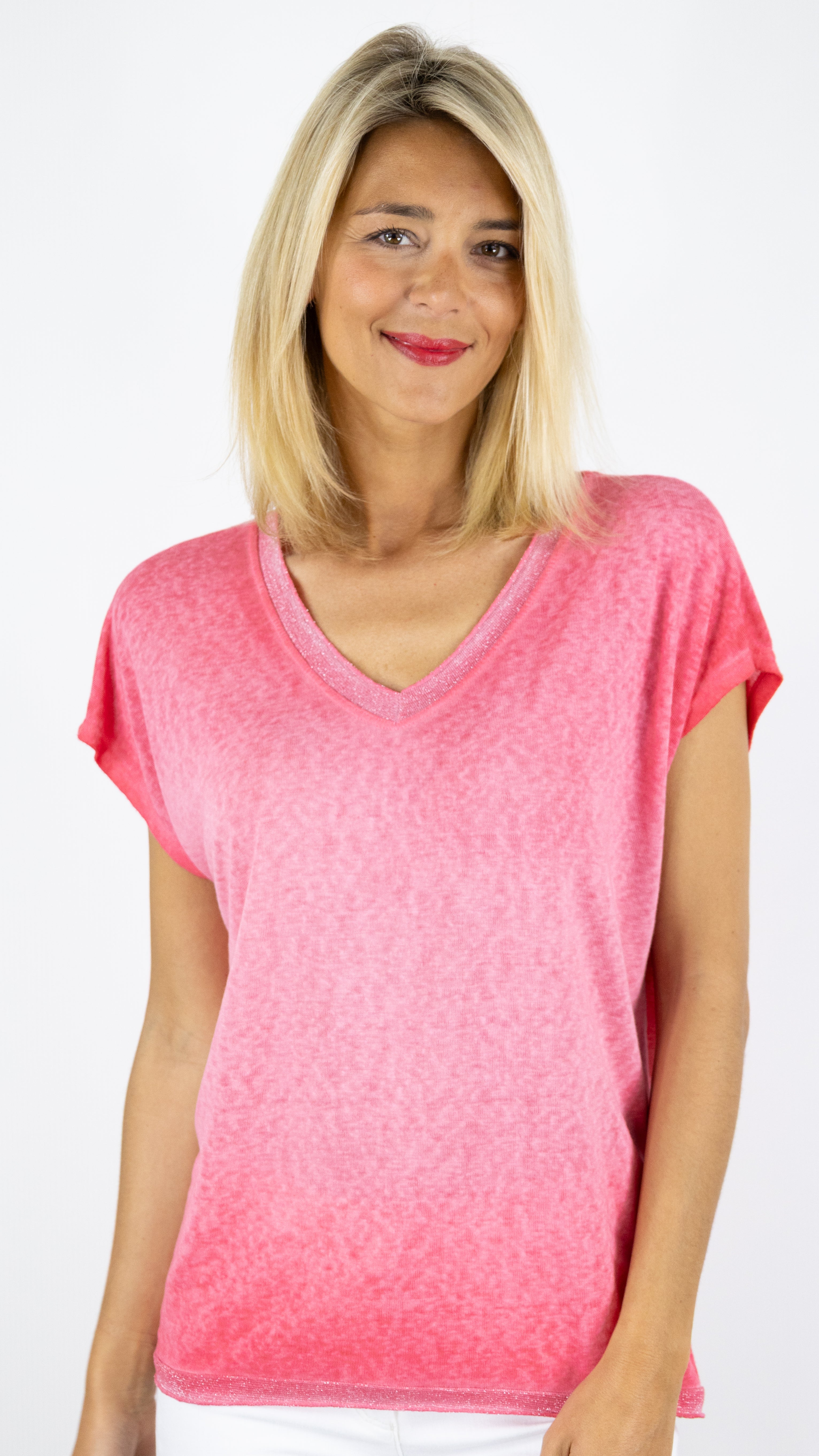 TEE-SHIRT COL V MANCHES COURTES ENCOLURE LUREX ANDROMEDE 810761#COLOR_FRAMBOISE