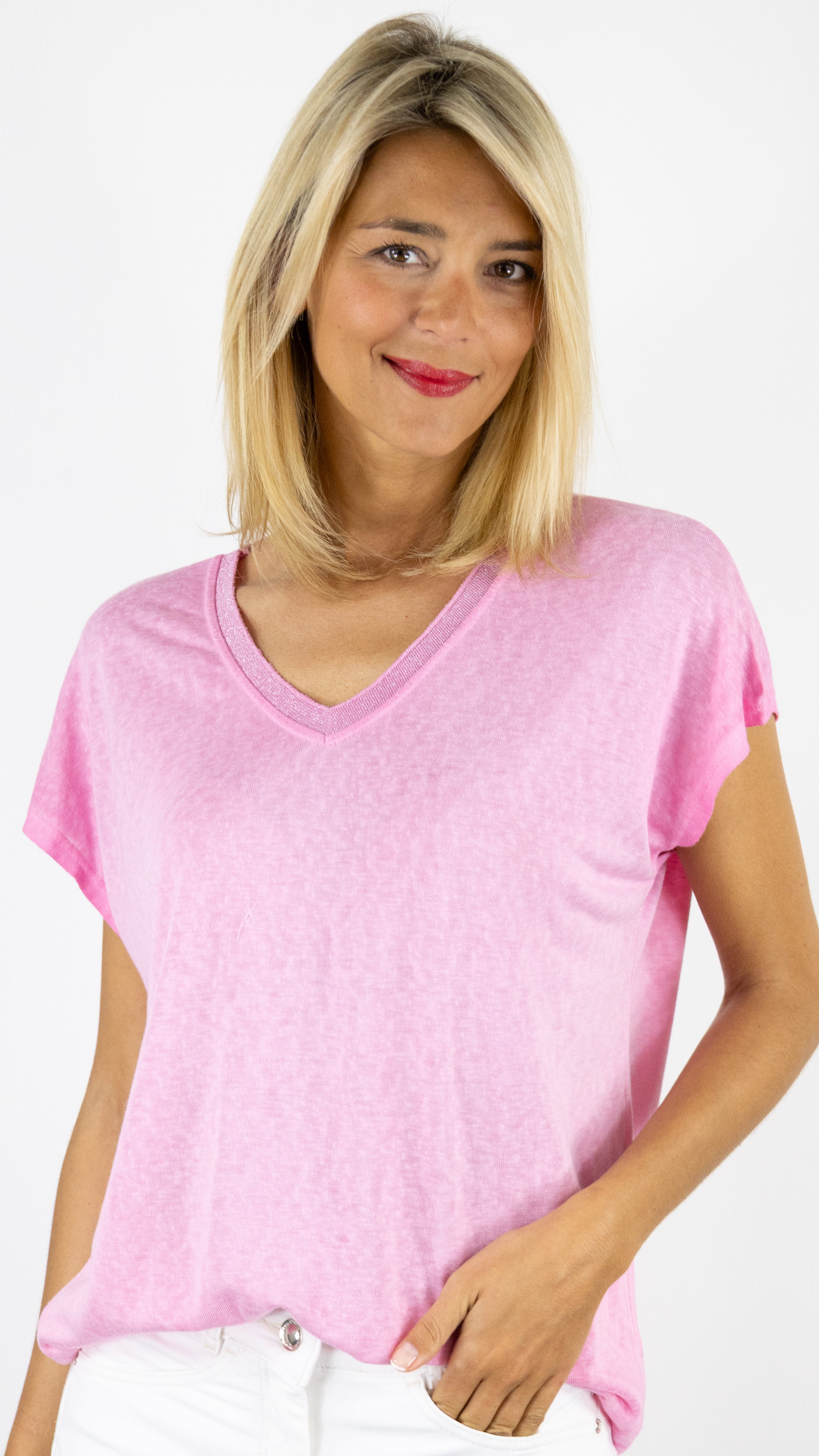 TEE-SHIRT COL V MANCHES COURTES ENCOLURE LUREX ANDROMEDE 810761#COLOR_FUSHIA
