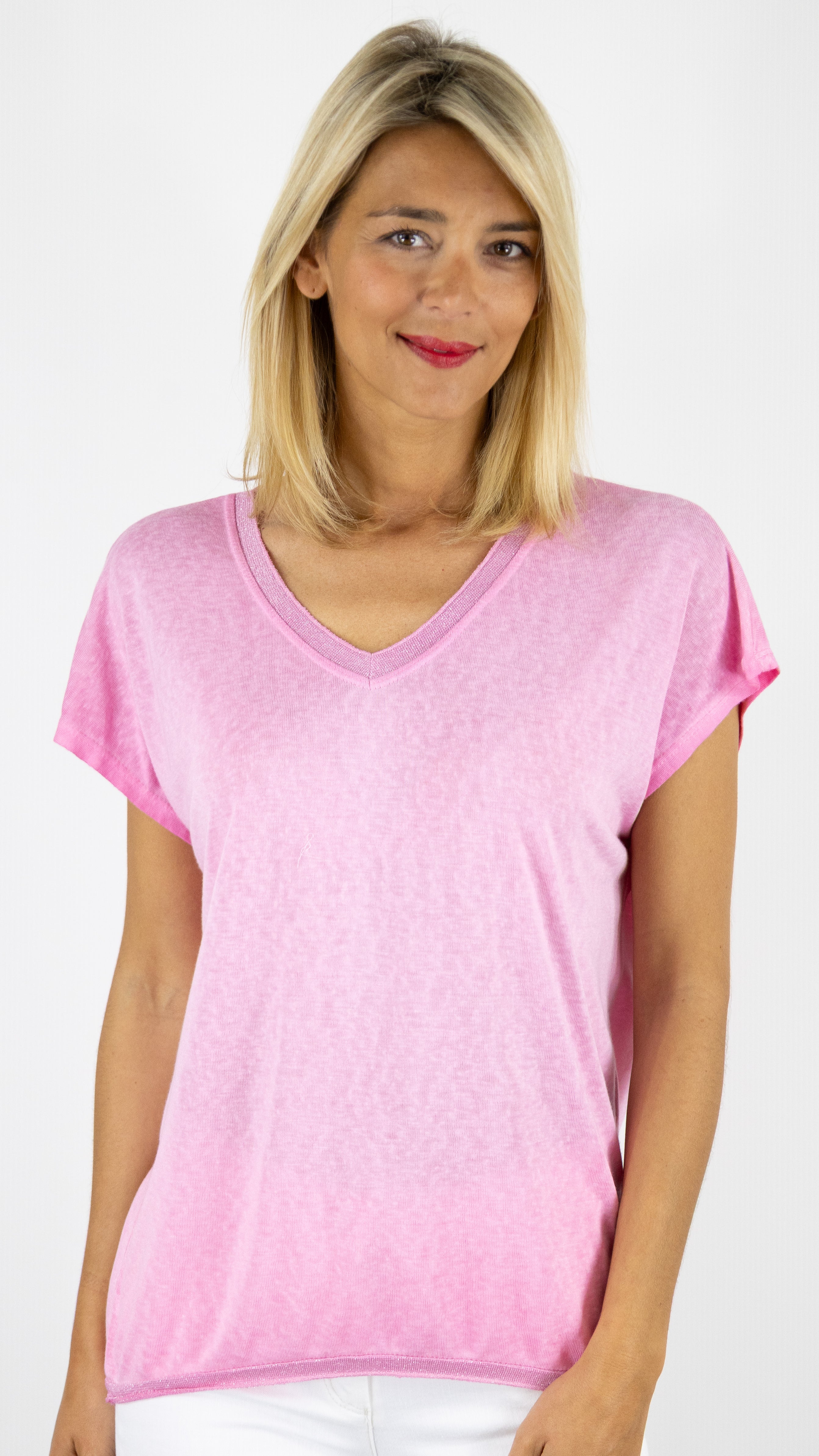 TEE-SHIRT COL V MANCHES COURTES ENCOLURE LUREX ANDROMEDE 810761#COLOR_FUSHIA
