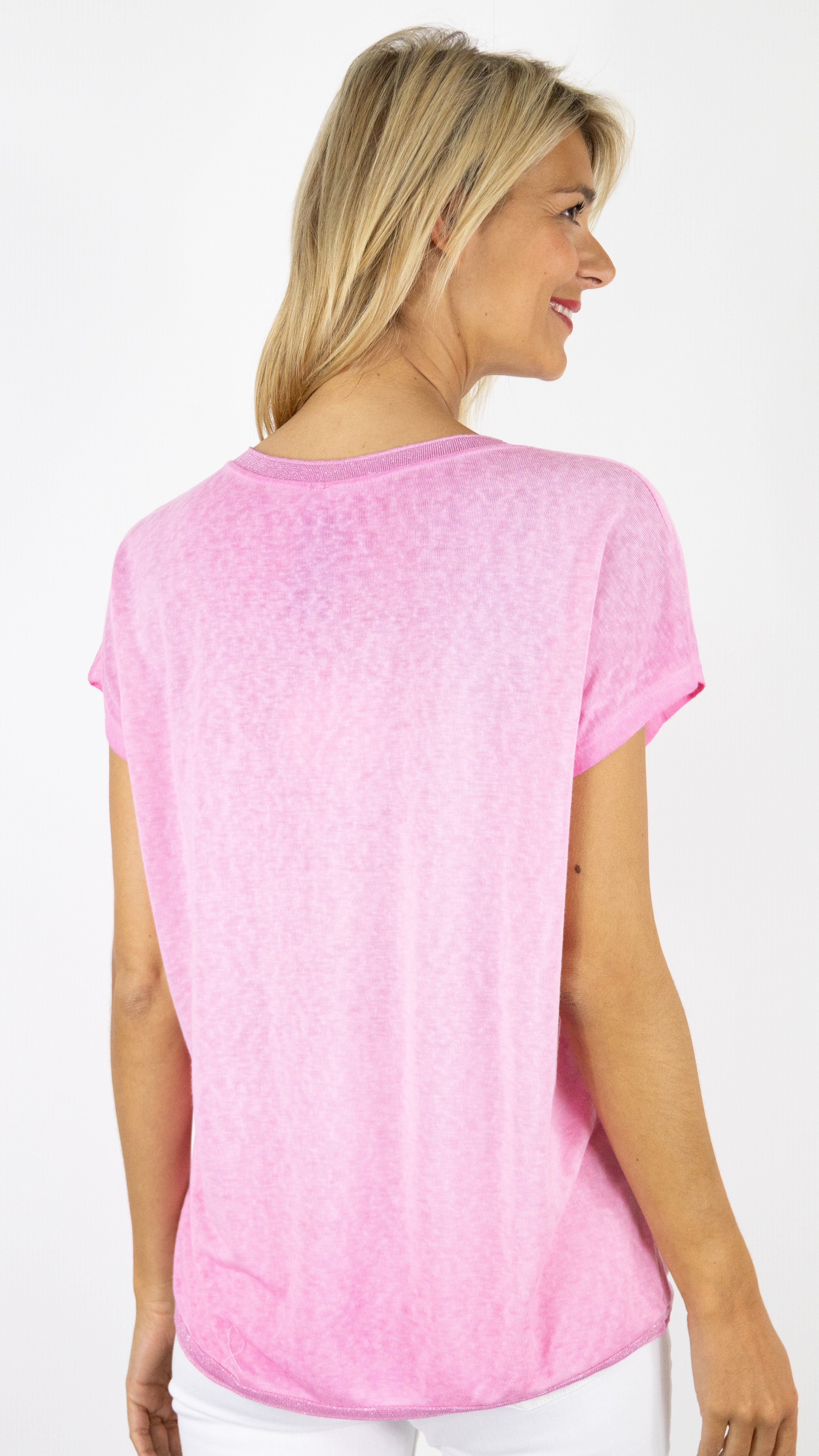 TEE-SHIRT COL V MANCHES COURTES ENCOLURE LUREX ANDROMEDE 810761#COLOR_FUSHIA