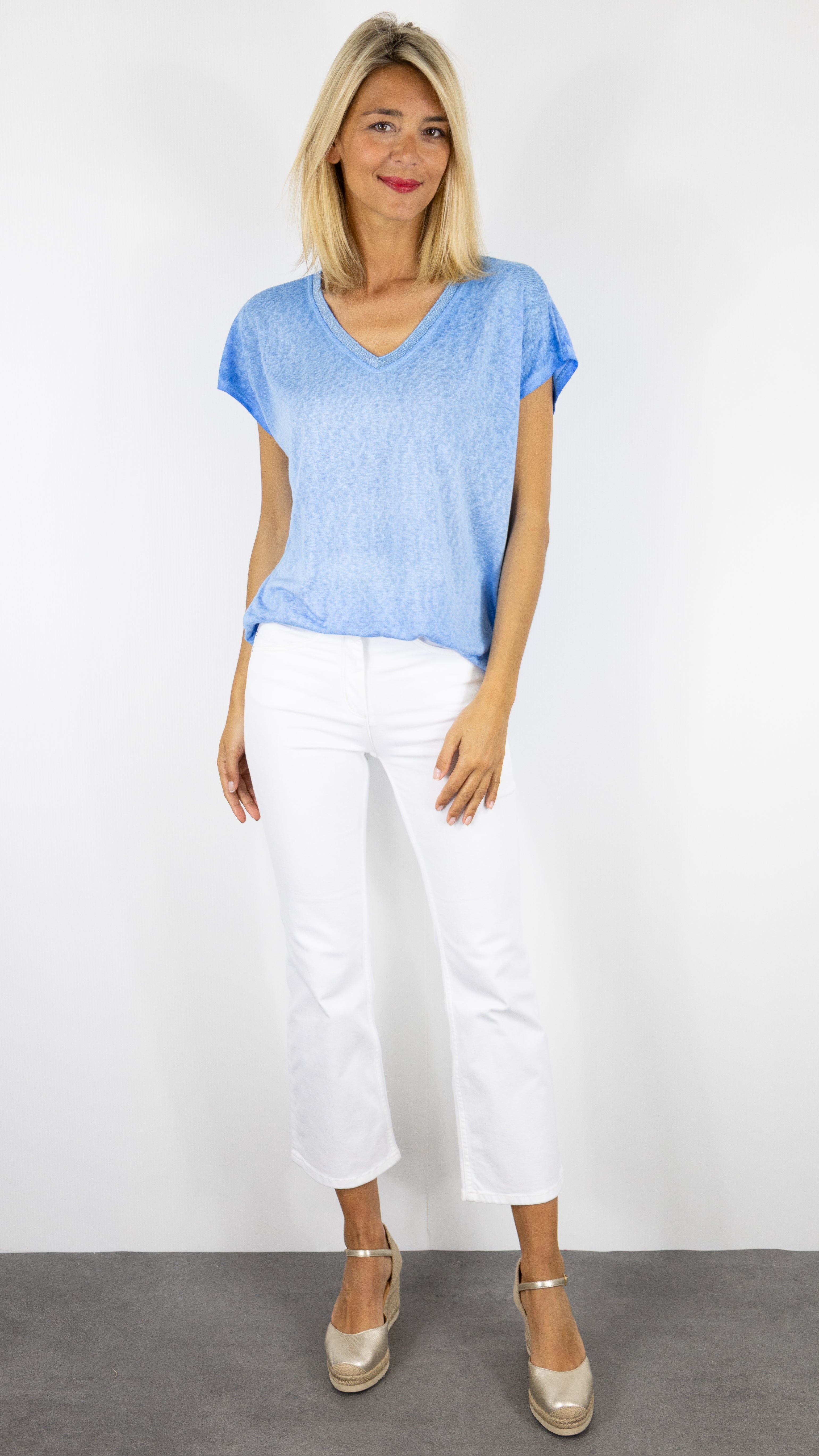 TEE-SHIRT COL V MANCHES COURTES ENCOLURE LUREX ANDROMEDE 810761#COLOR_INDIGO