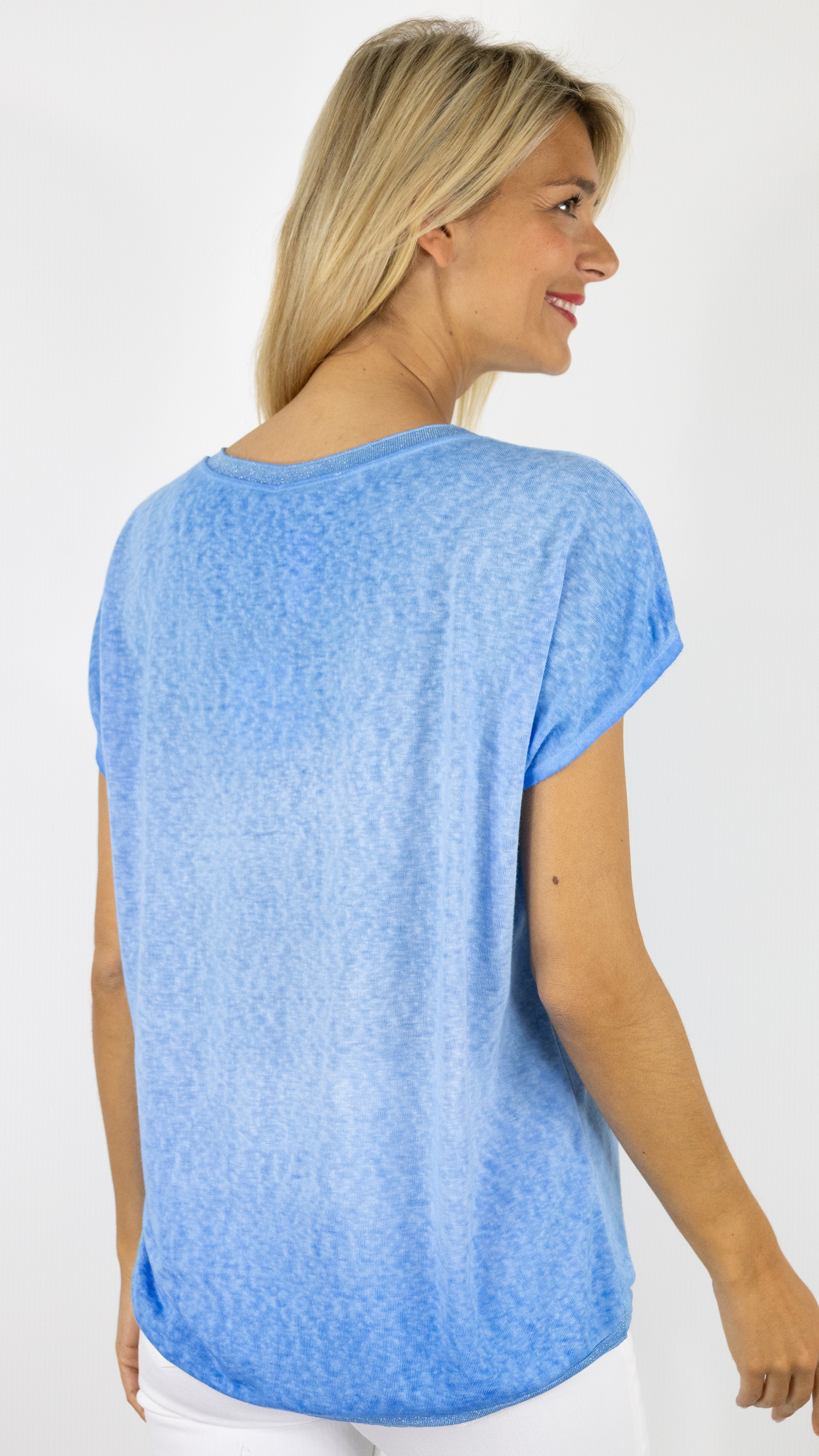 TEE-SHIRT COL V MANCHES COURTES ENCOLURE LUREX ANDROMEDE 810761#COLOR_INDIGO