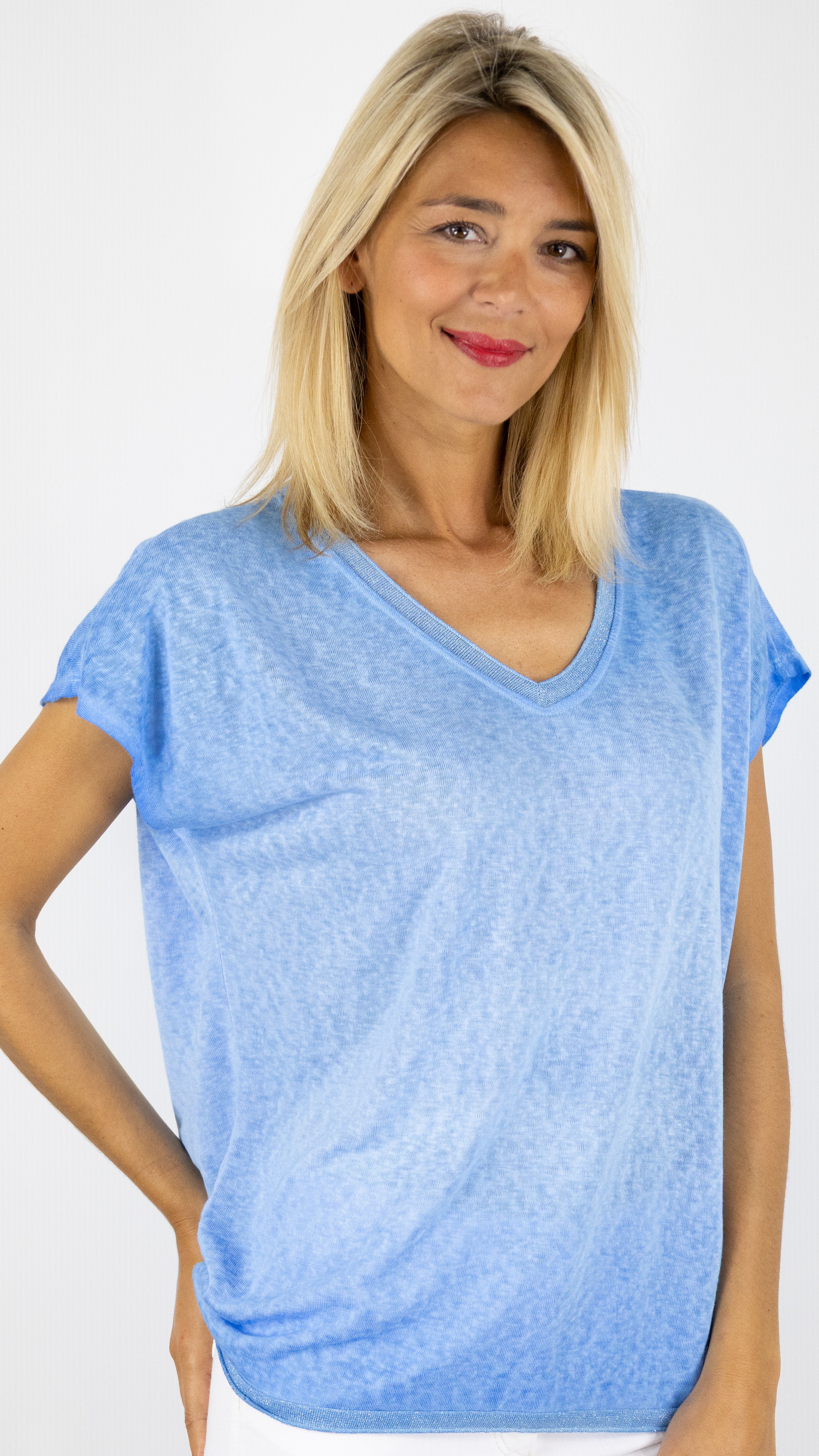 TEE-SHIRT COL V MANCHES COURTES ENCOLURE LUREX ANDROMEDE 810761#COLOR_INDIGO