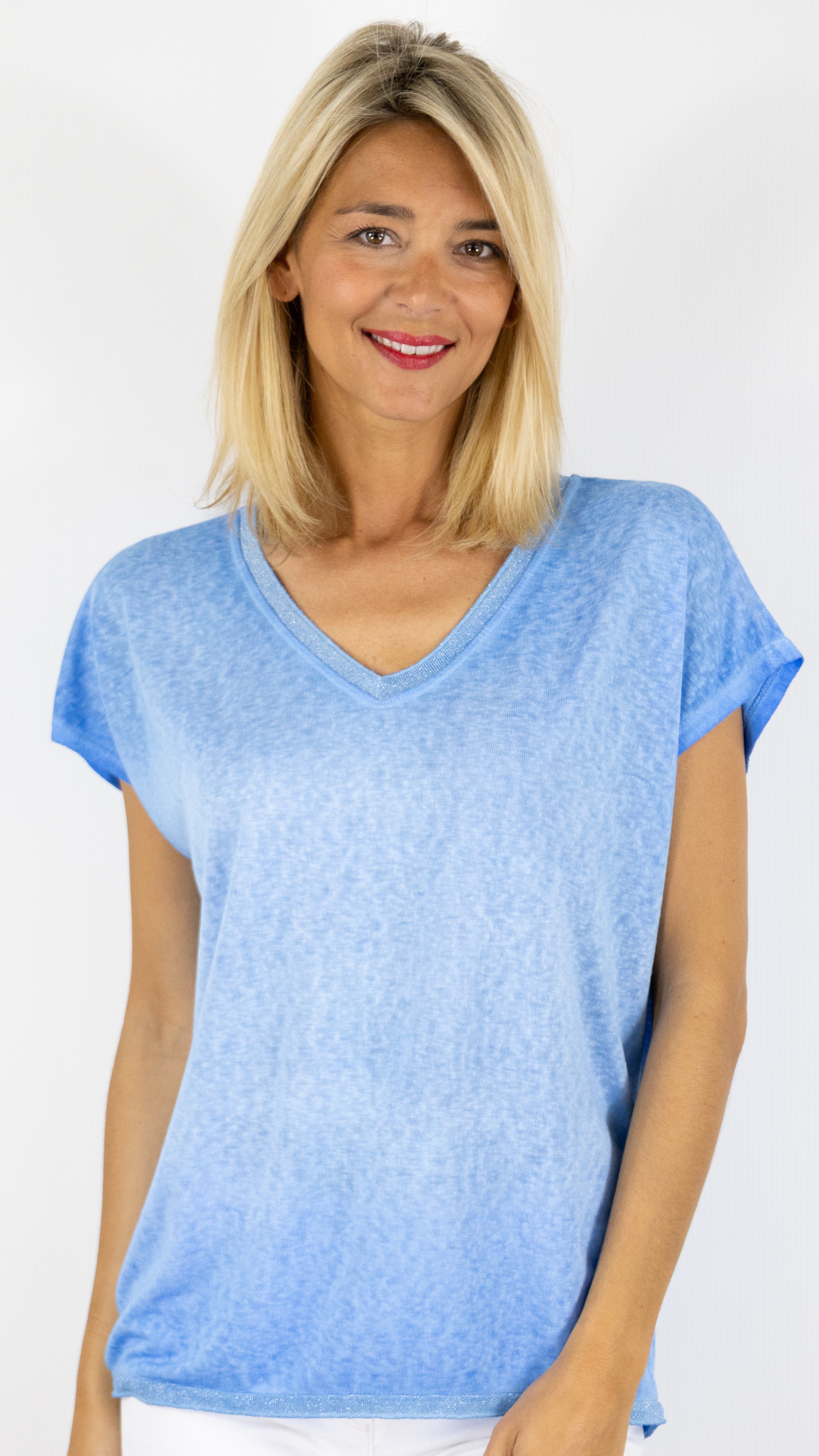 TEE-SHIRT COL V MANCHES COURTES ENCOLURE LUREX ANDROMEDE 810761#COLOR_INDIGO