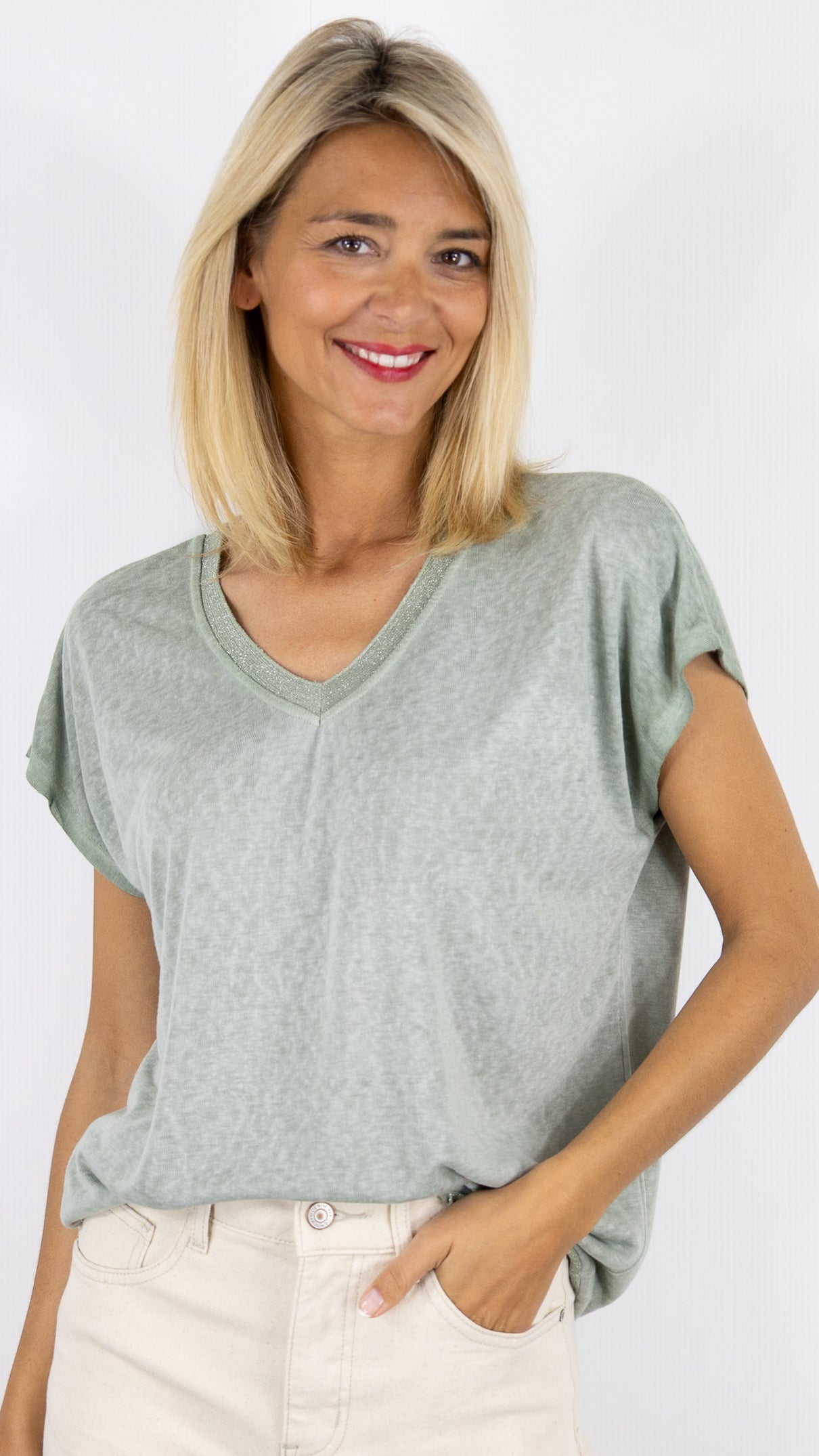 TEE-SHIRT COL V MANCHES COURTES ENCOLURE LUREX ANDROMEDE 810761#COLOR_KAKI