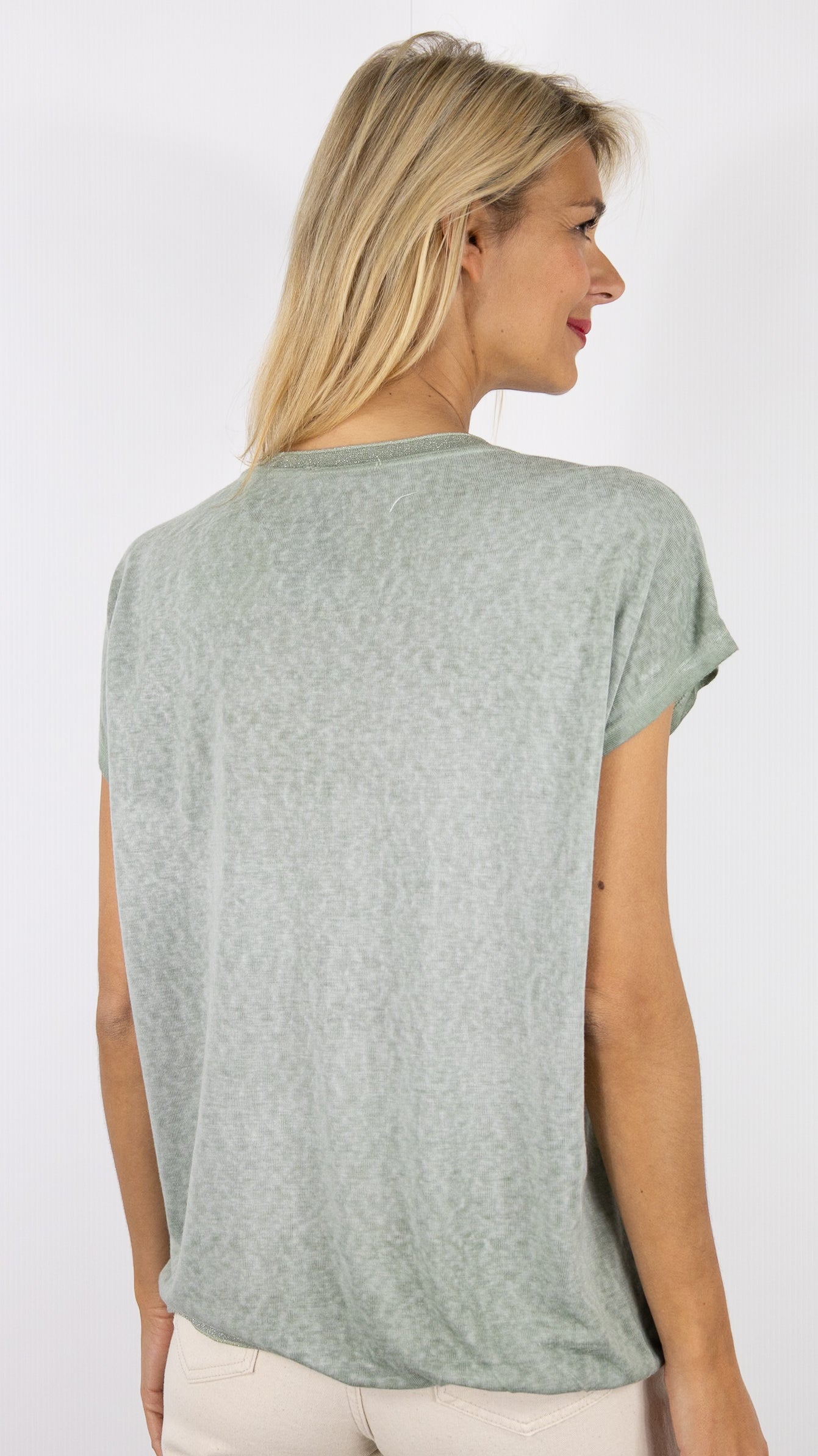 TEE-SHIRT COL V MANCHES COURTES ENCOLURE LUREX ANDROMEDE 810761#COLOR_KAKI