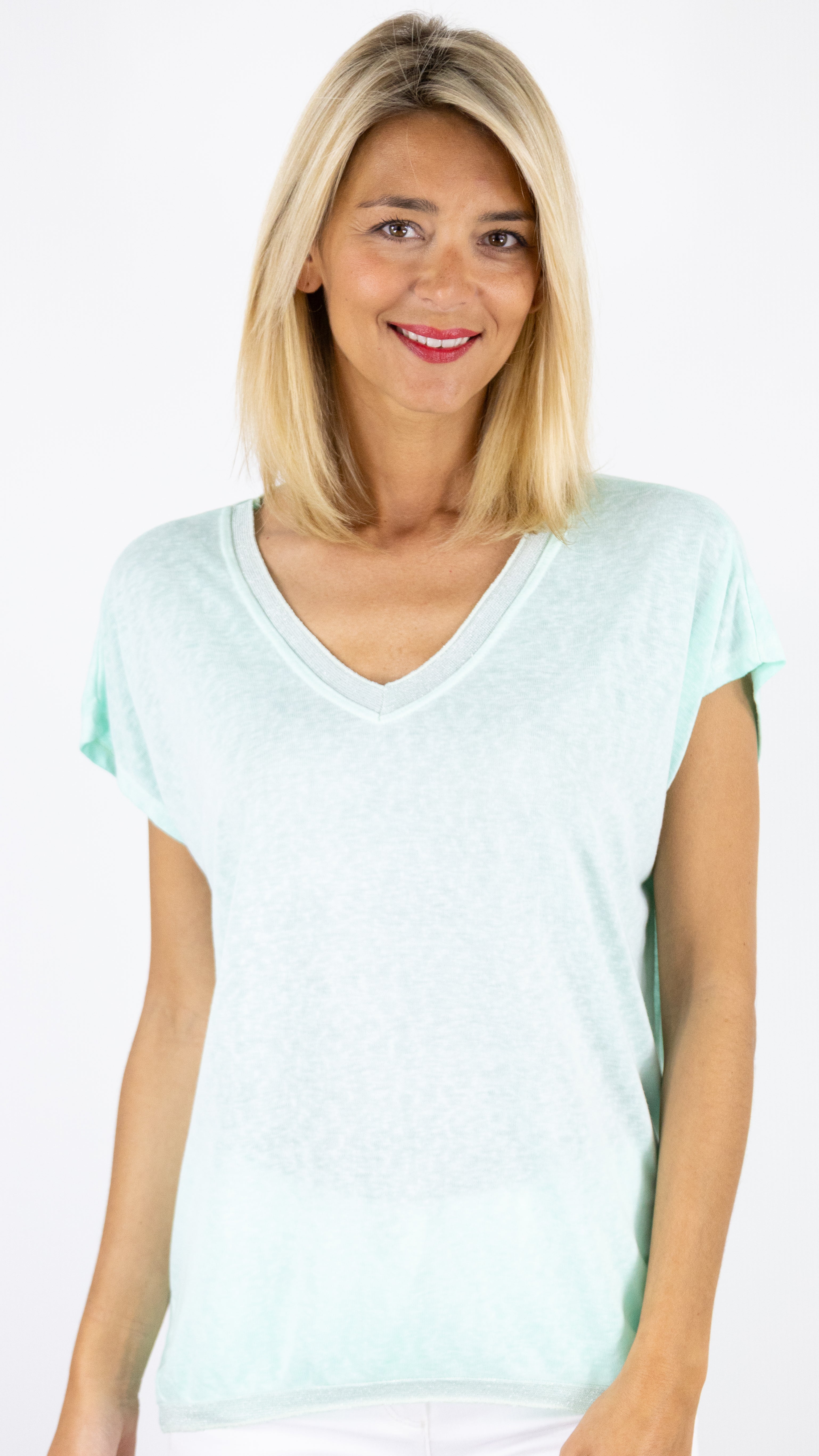 TEE-SHIRT COL V MANCHES COURTES ENCOLURE LUREX ANDROMEDE 810761#COLOR_MENTHE