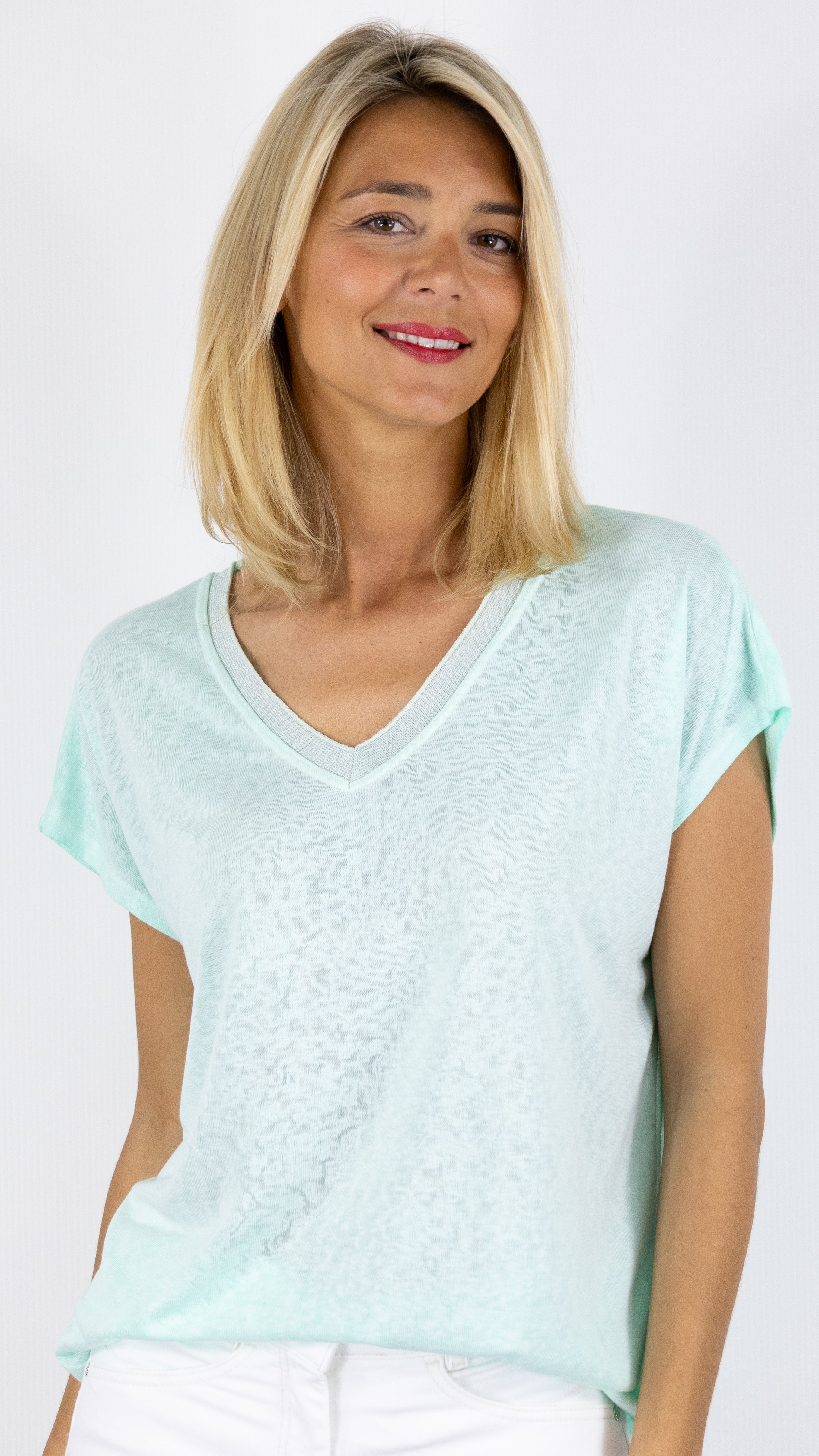 TEE-SHIRT COL V MANCHES COURTES ENCOLURE LUREX ANDROMEDE 810761#COLOR_MENTHE