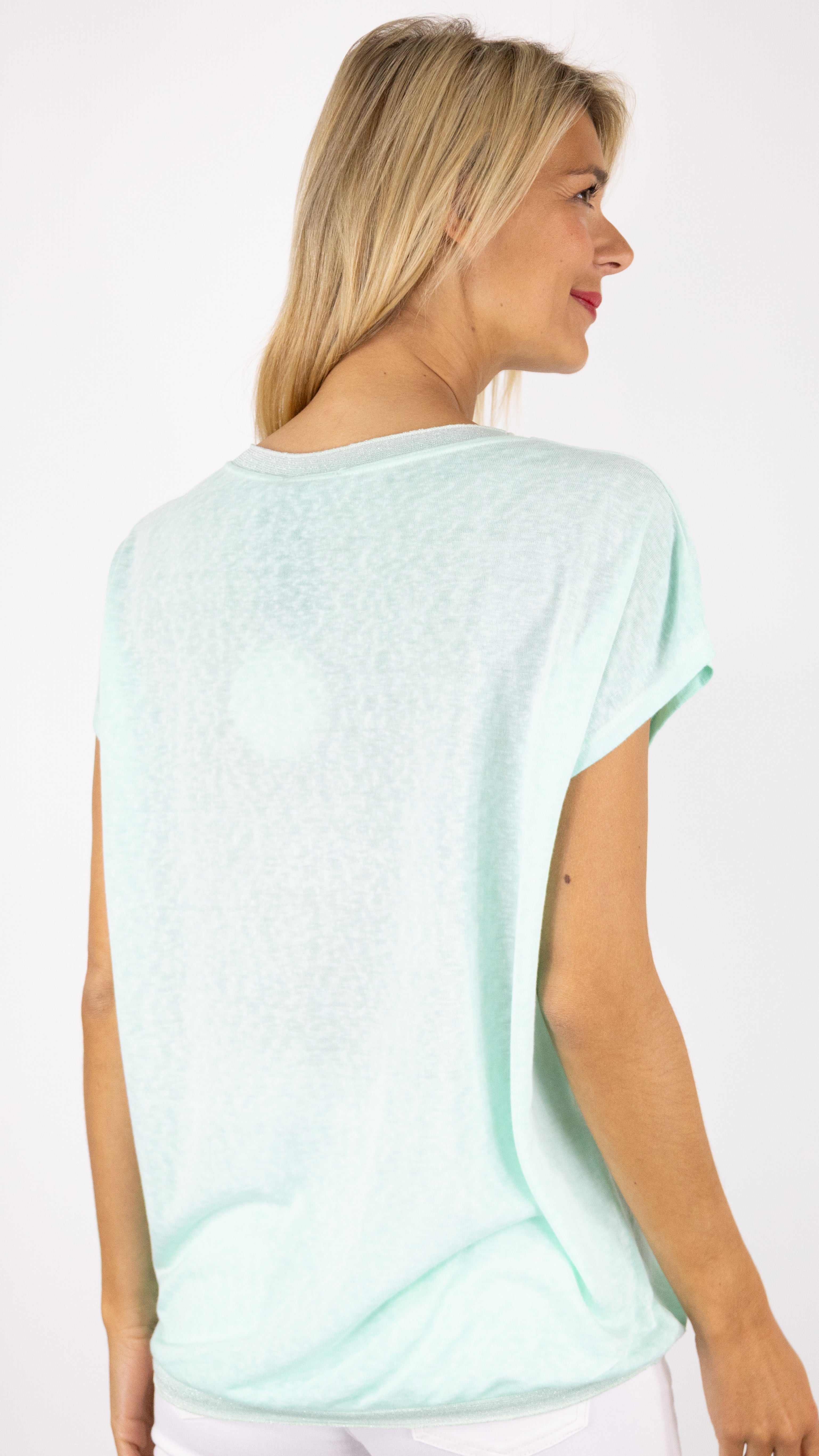 TEE-SHIRT COL V MANCHES COURTES ENCOLURE LUREX ANDROMEDE 810761#COLOR_MENTHE