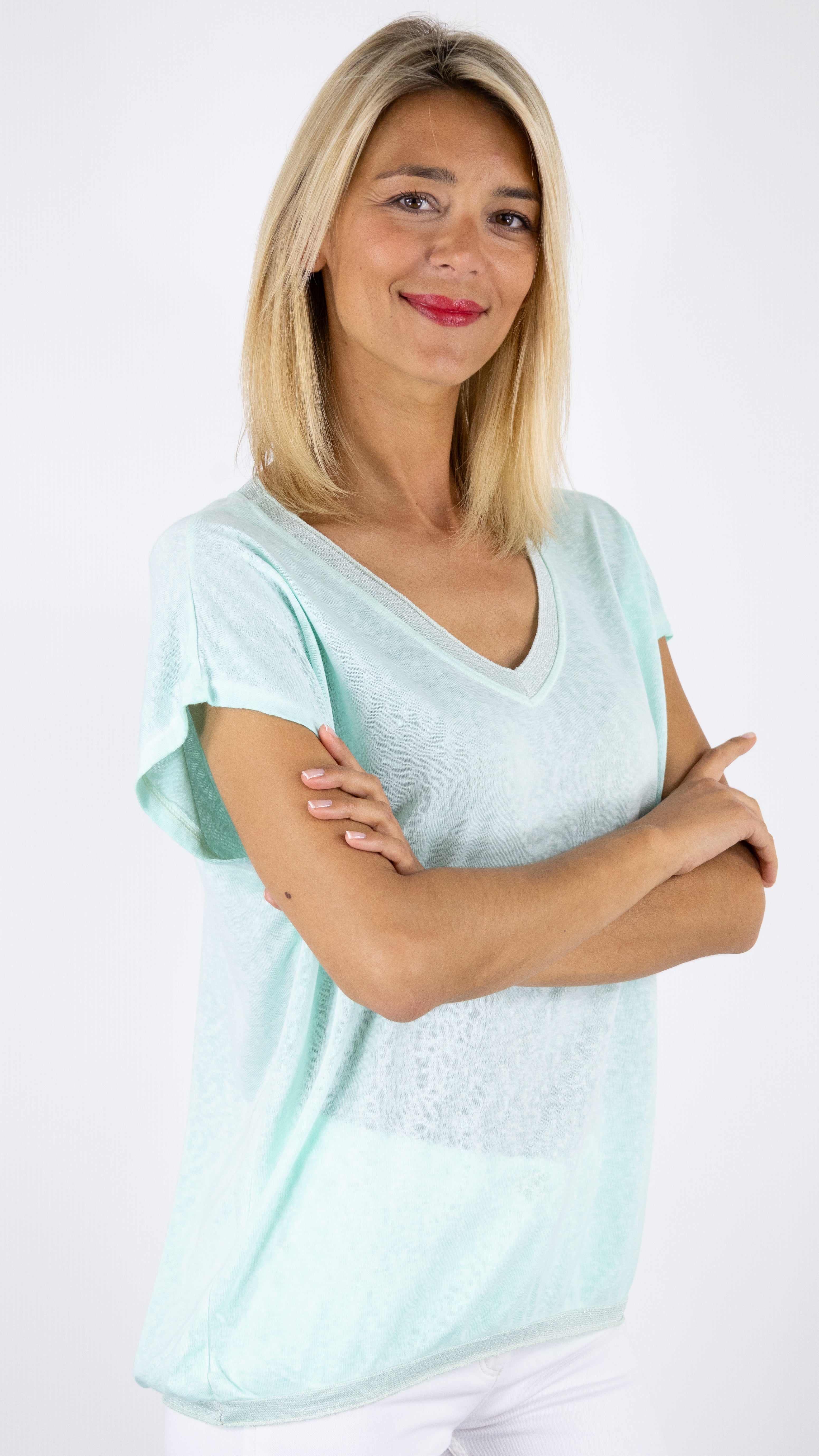 TEE-SHIRT COL V MANCHES COURTES ENCOLURE LUREX ANDROMEDE 810761#COLOR_MENTHE