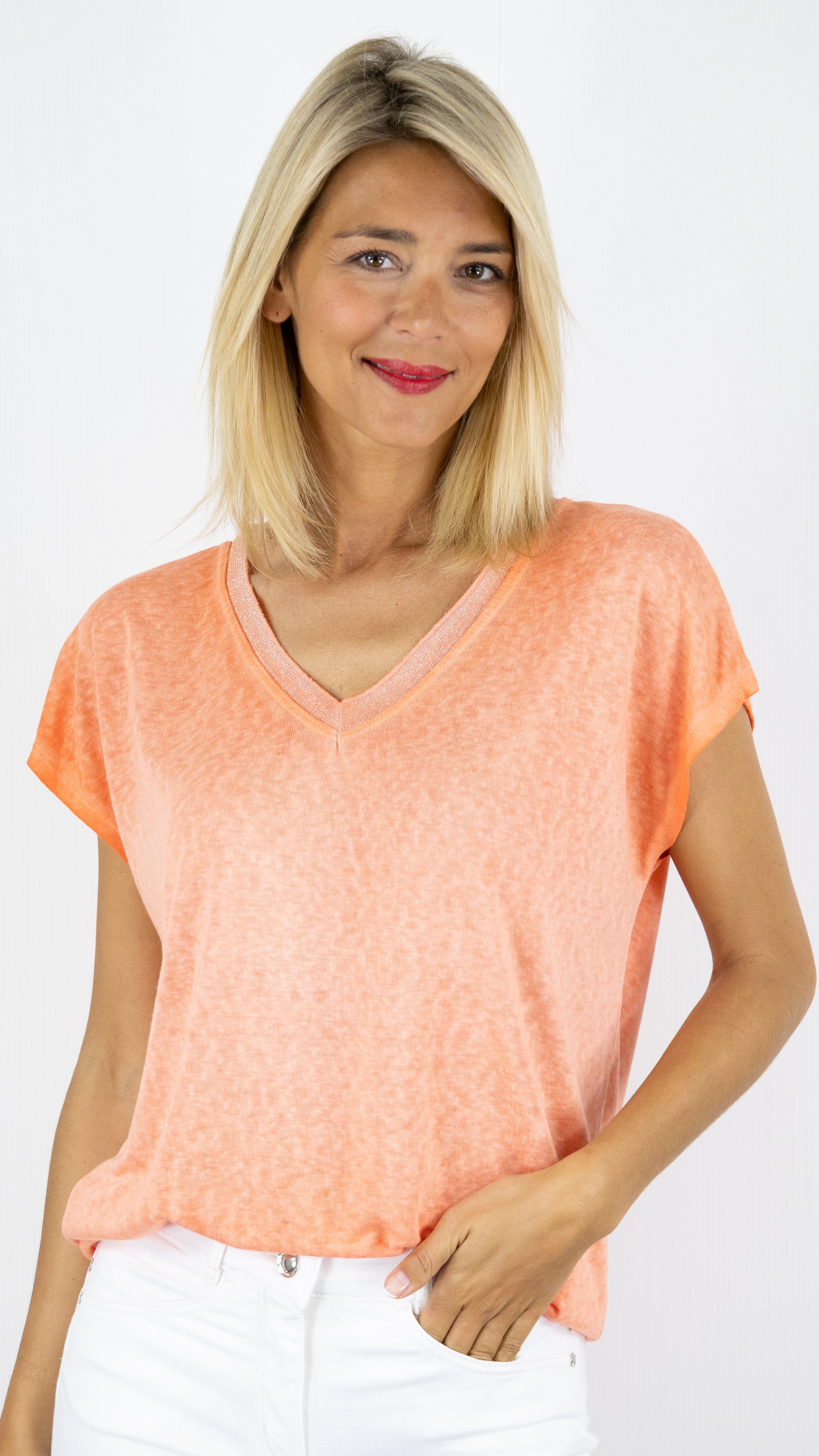 TEE-SHIRT COL V MANCHES COURTES ENCOLURE LUREX ANDROMEDE 810761#COLOR_ORANGE