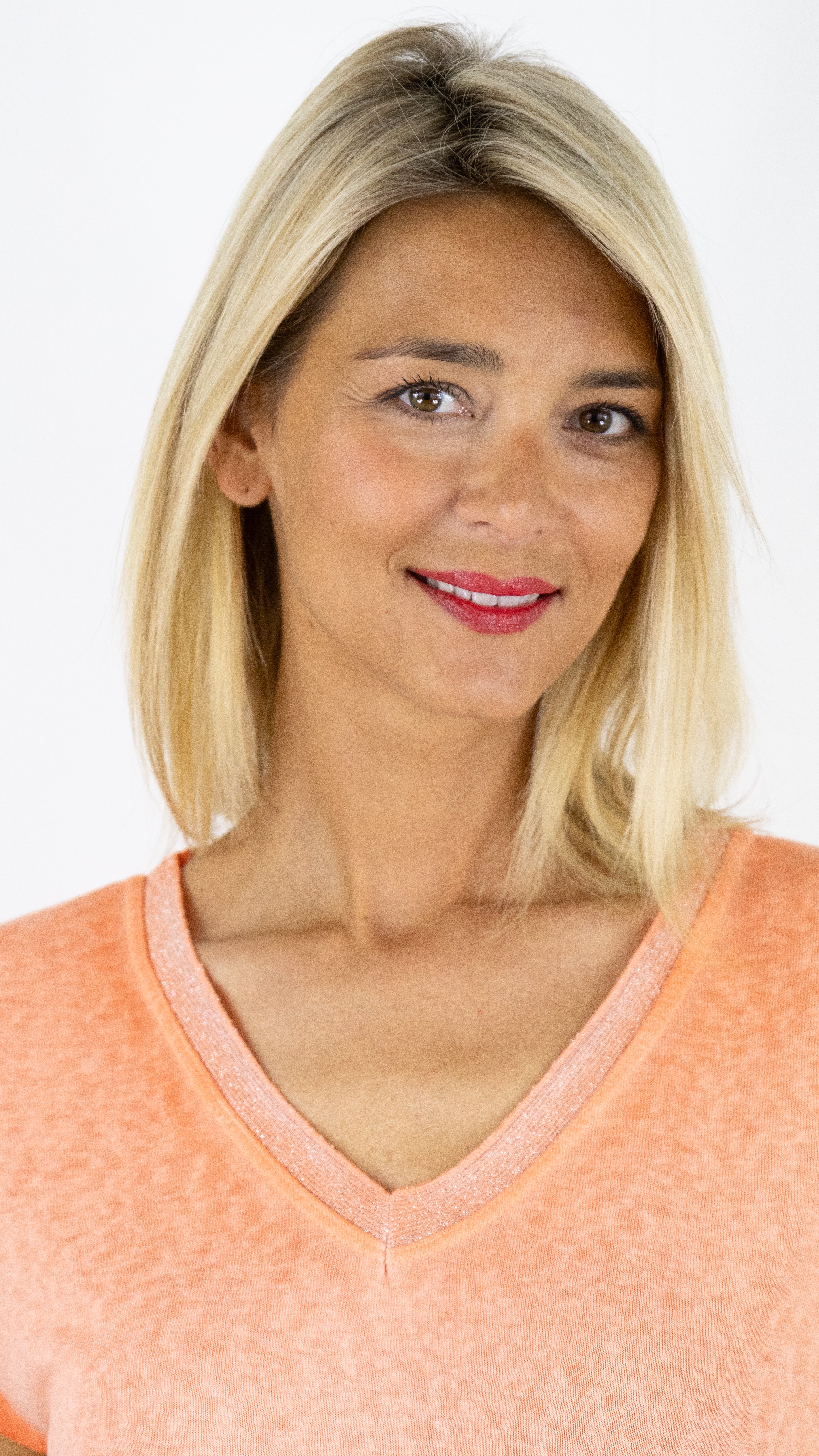 TEE-SHIRT COL V MANCHES COURTES ENCOLURE LUREX ANDROMEDE 810761#COLOR_ORANGE
