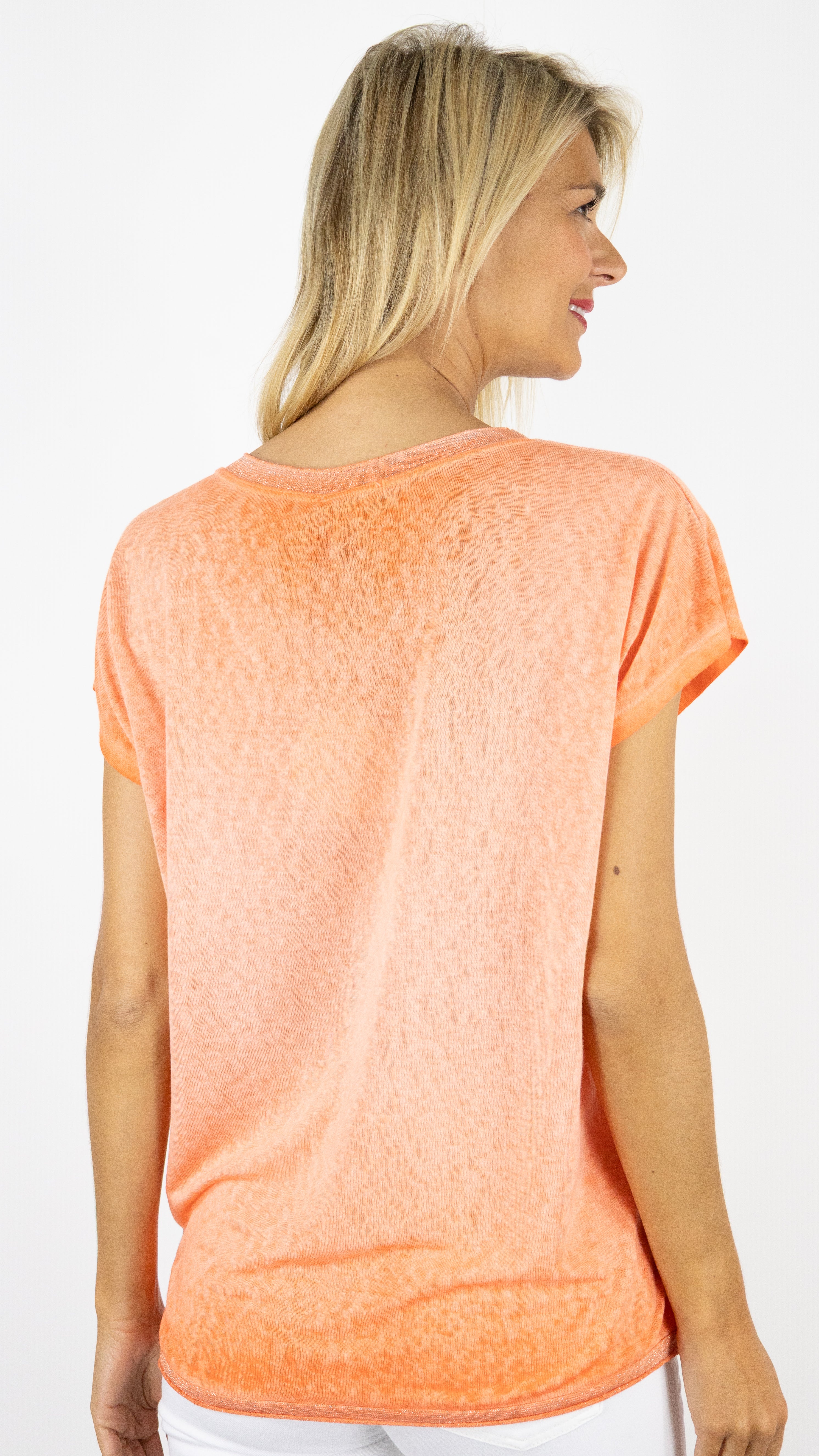 TEE-SHIRT COL V MANCHES COURTES ENCOLURE LUREX ANDROMEDE 810761#COLOR_ORANGE