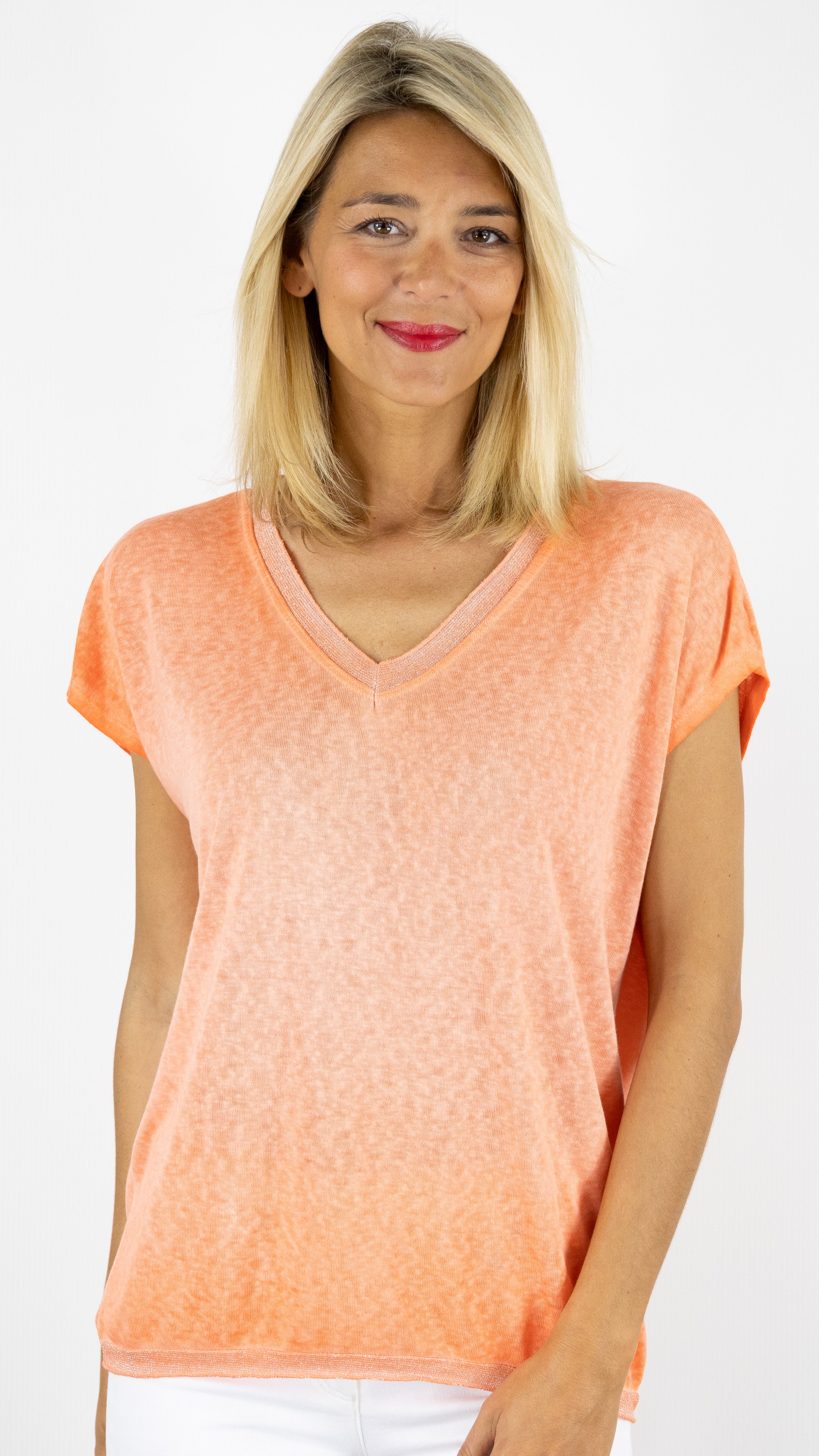 TEE-SHIRT COL V MANCHES COURTES ENCOLURE LUREX ANDROMEDE 810761#COLOR_ORANGE