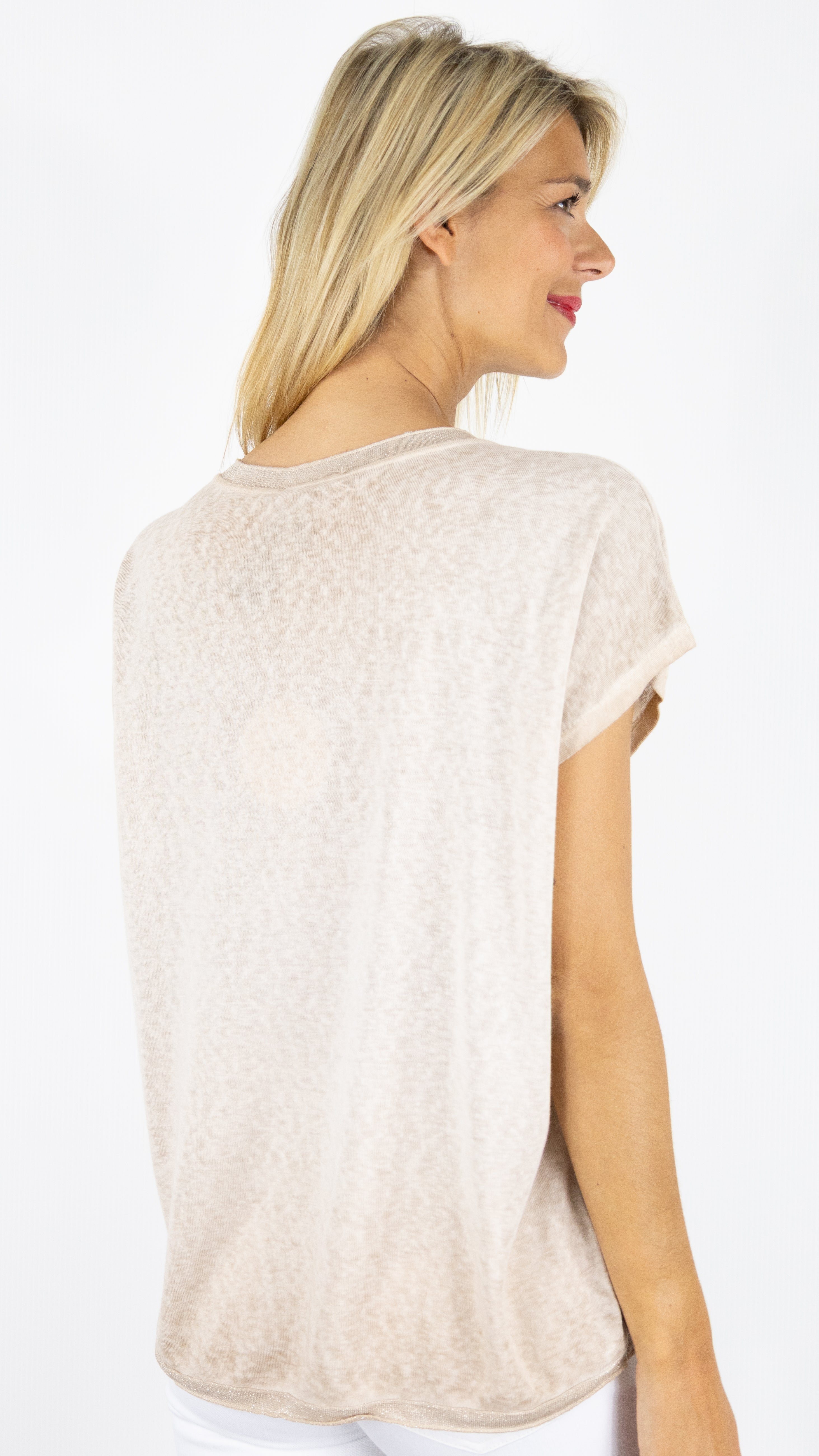 TEE-SHIRT COL V MANCHES COURTES ENCOLURE LUREX ANDROMEDE 810761#COLOR_TAUPE