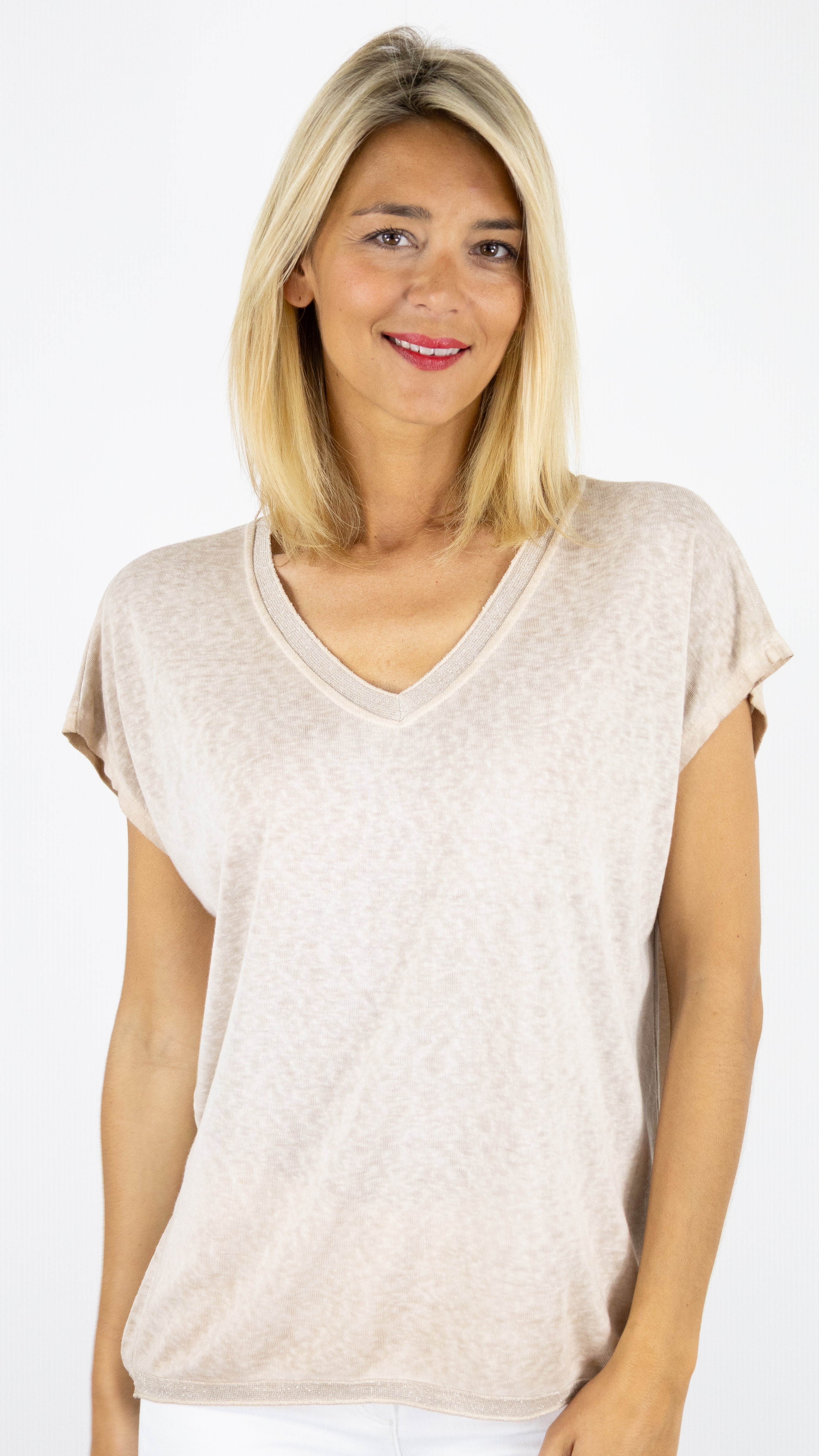 TEE-SHIRT COL V MANCHES COURTES ENCOLURE LUREX ANDROMEDE 810761#COLOR_TAUPE