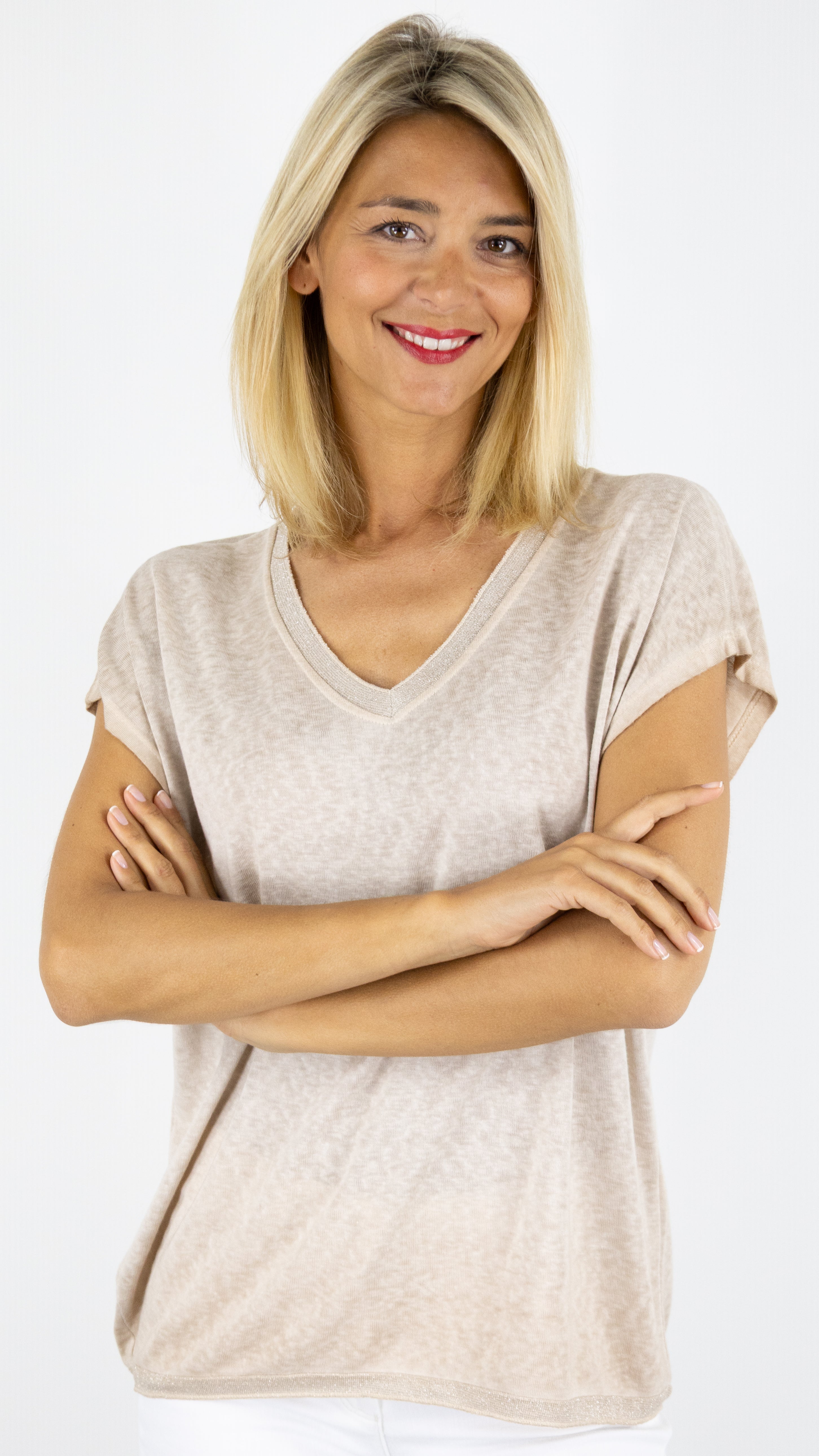 TEE-SHIRT COL V MANCHES COURTES ENCOLURE LUREX ANDROMEDE 810761#COLOR_TAUPE