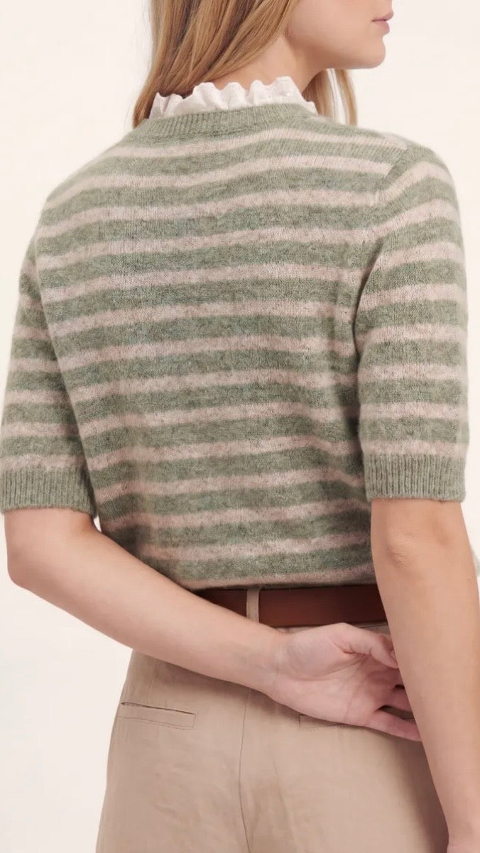 PULL RAYE AVEC DENTELLE AU COL BEIGE POUR FEMME SWEEWE 81317#COLOR_GREEN