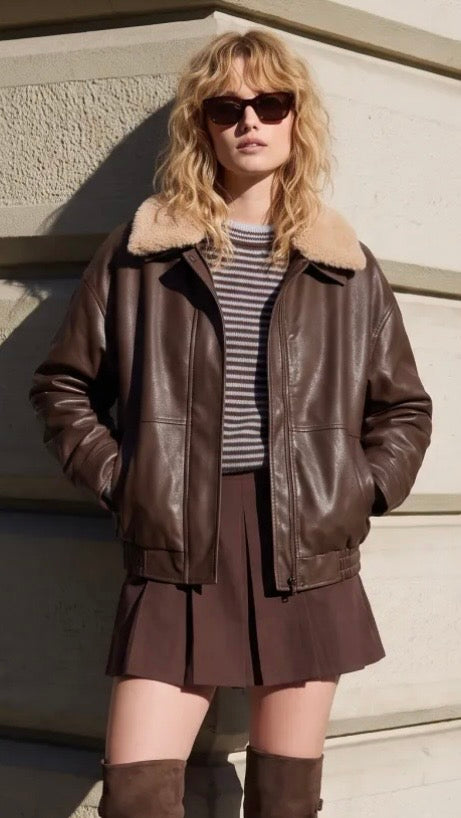 BLOUSON AVIATEUR POUR FEMME EN FAUX CUIR MARRON SWEEWE 81904