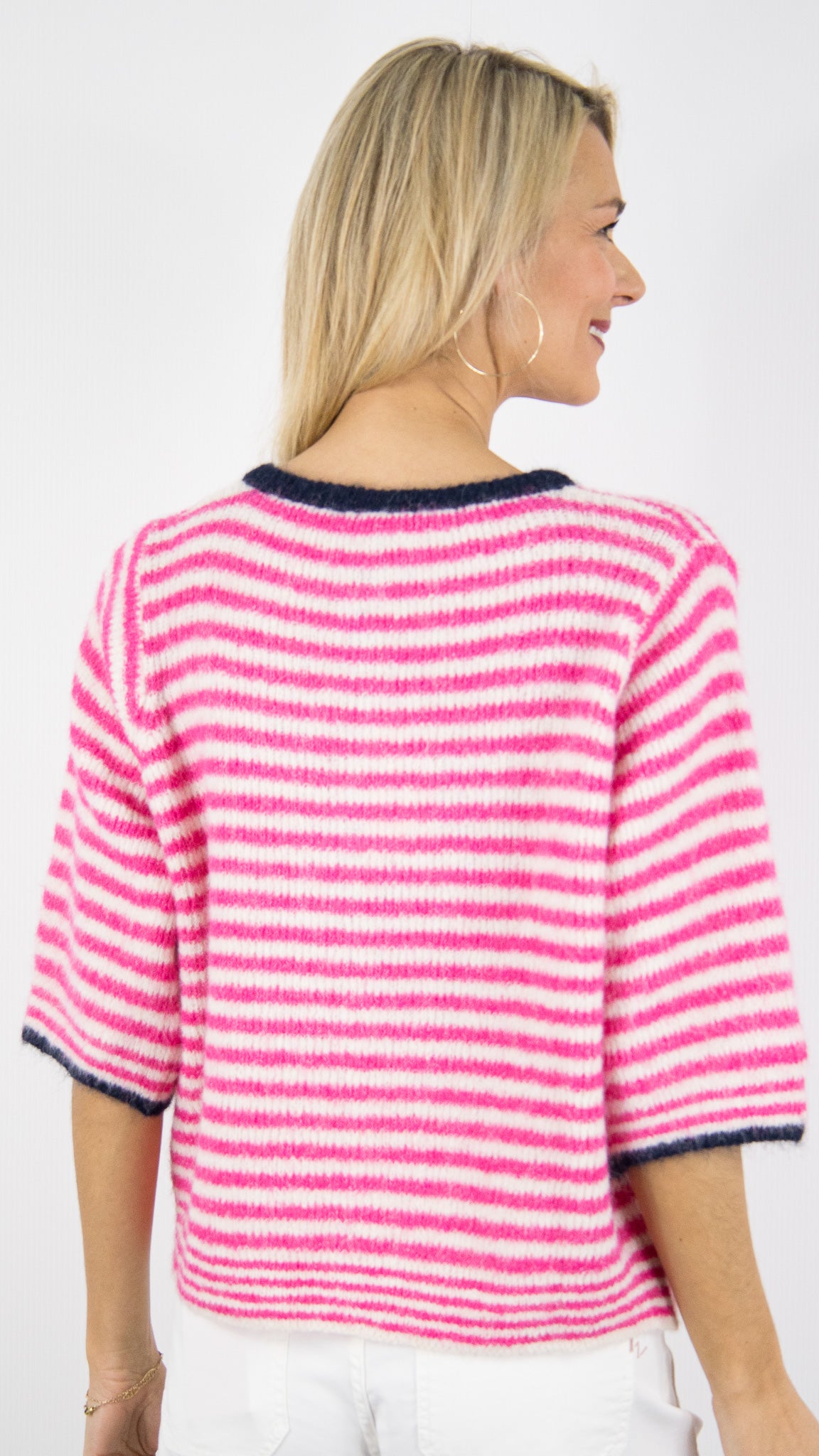 GILET CARDIGAN RAYE EN LAINE FUSCHIA MARINE LUK AP 8262