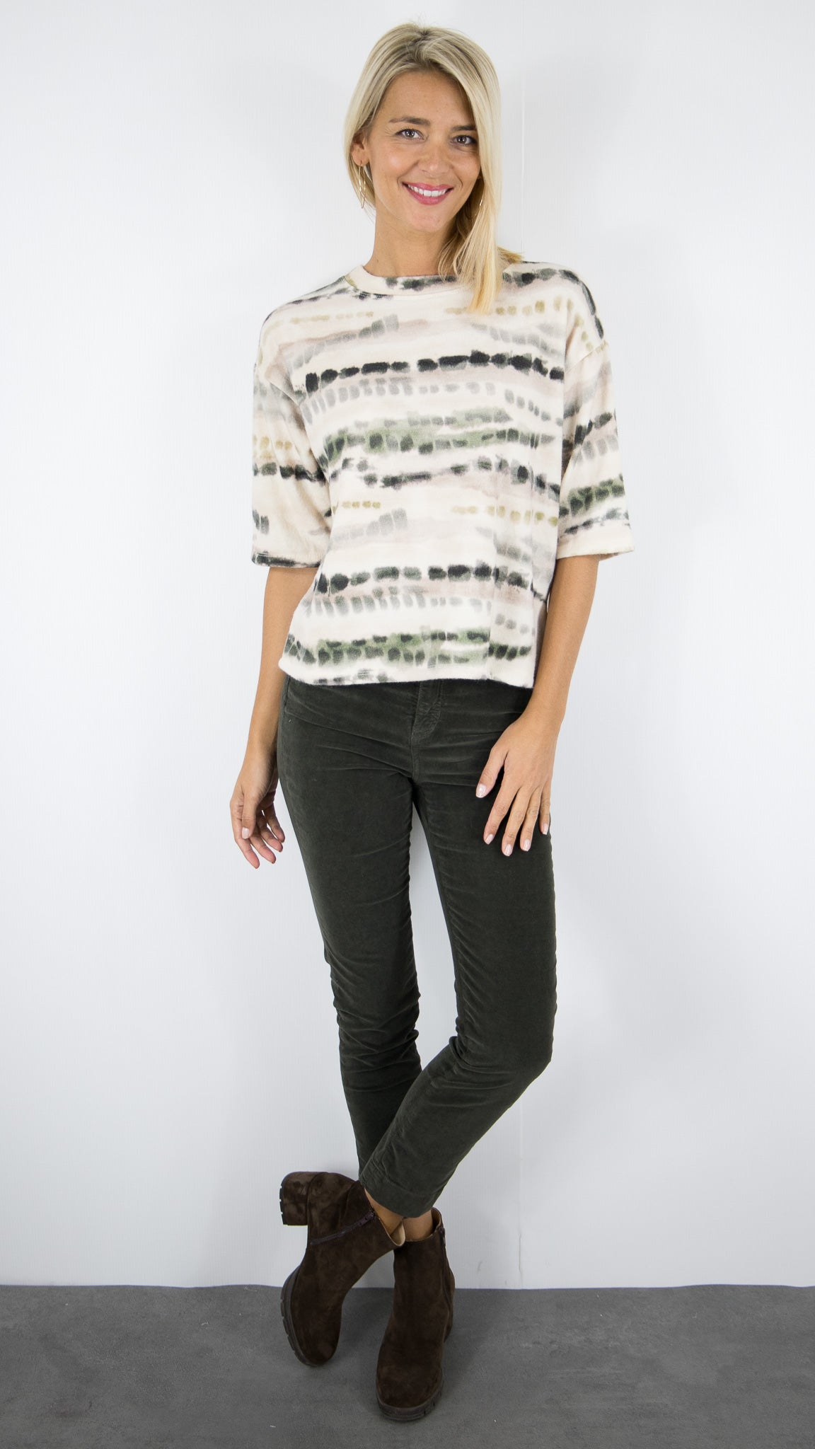 TEE-SHIRT COL ROND MANCHES 3/4 IMPRIME FONDU FEMME ANDROMEDE 85149#COLOR_KAKI