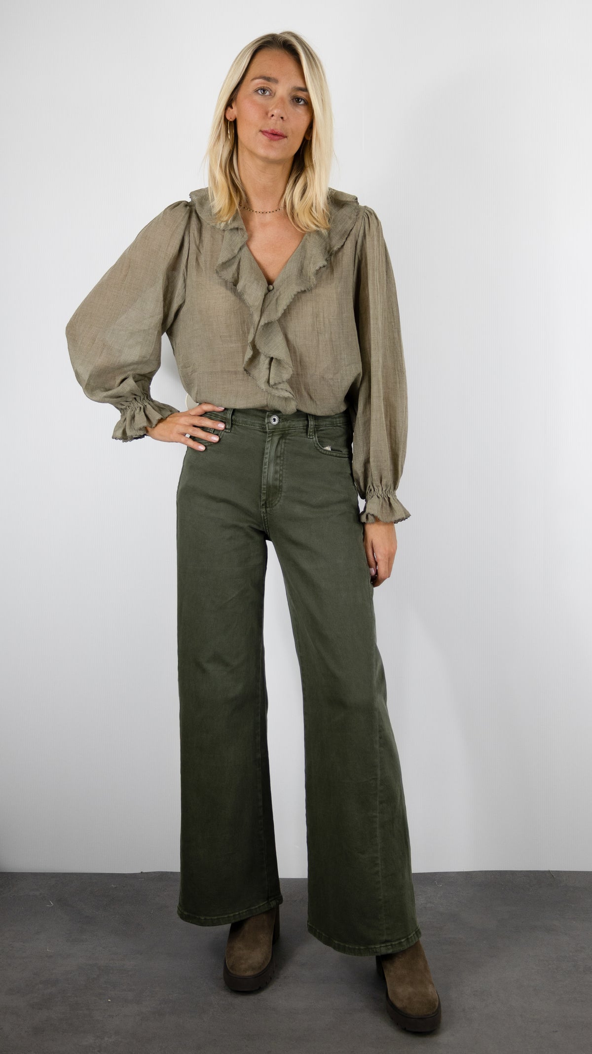 JEANS LARGE EN COTON DOUBLE COUTURES POUR FEMME STUDIO PARISIEN 9240#COLOR_27/KAKI