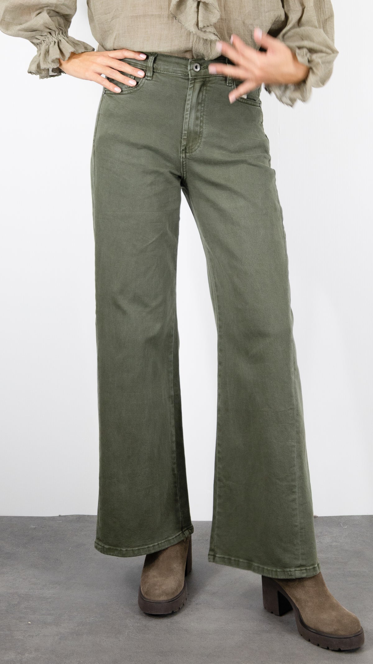 JEANS LARGE EN COTON DOUBLE COUTURES POUR FEMME STUDIO PARISIEN 9240#COLOR_27/KAKI